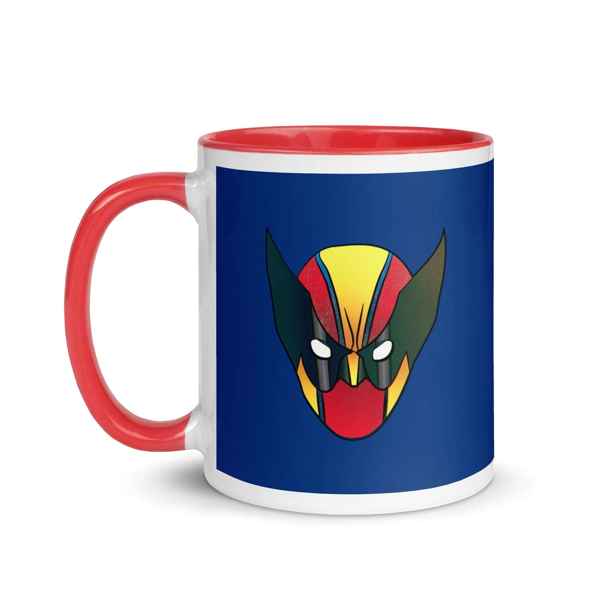 a red and white coffee mug with a devil face on it