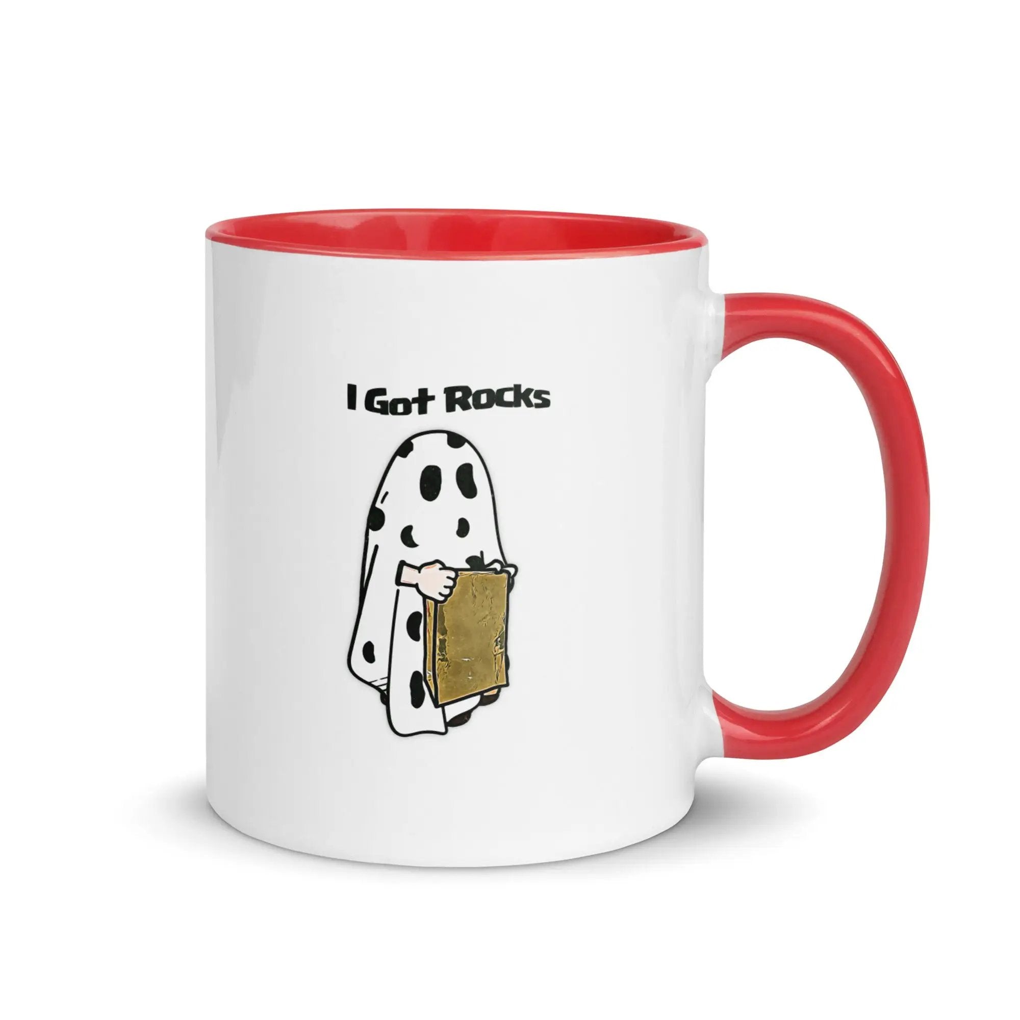 a red and white coffee mug with a dalmatian holding a box