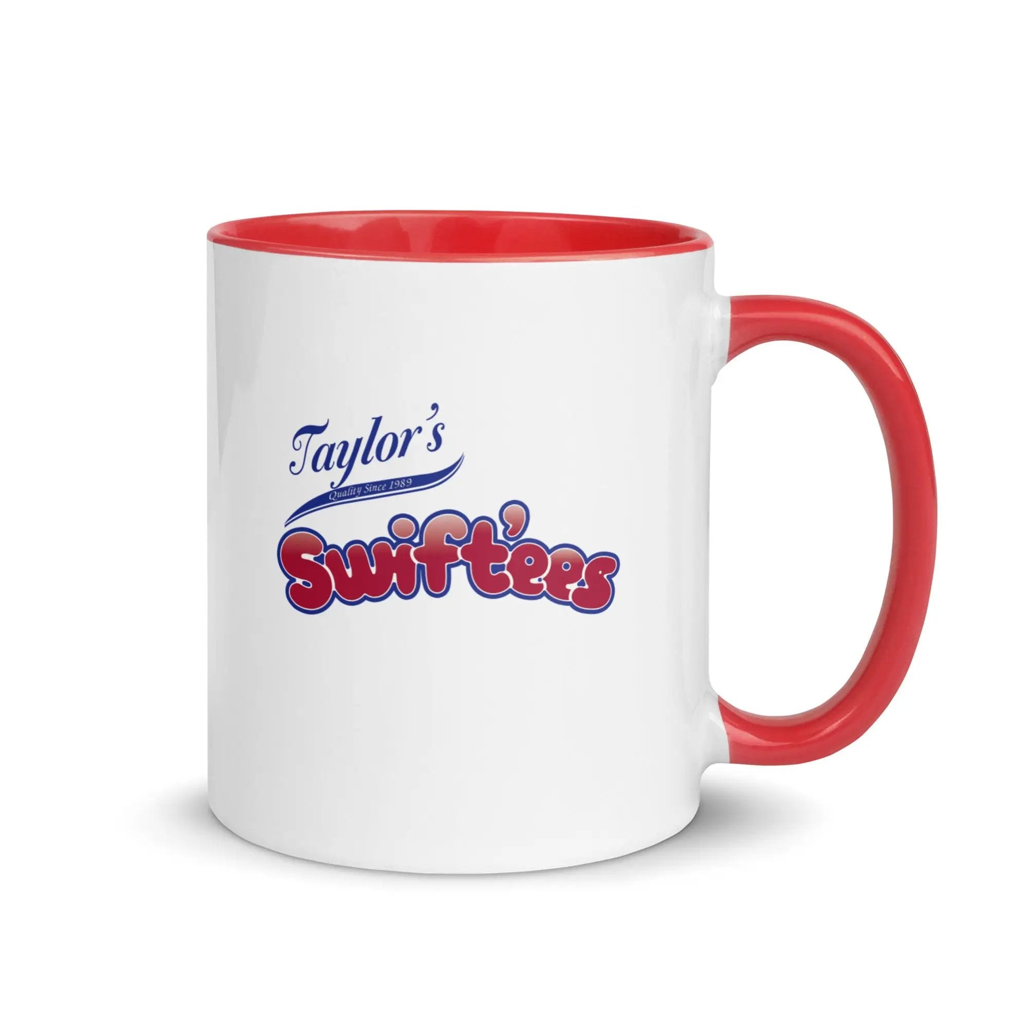 a red and white coffee mug with taylor's swiftfeasts on it