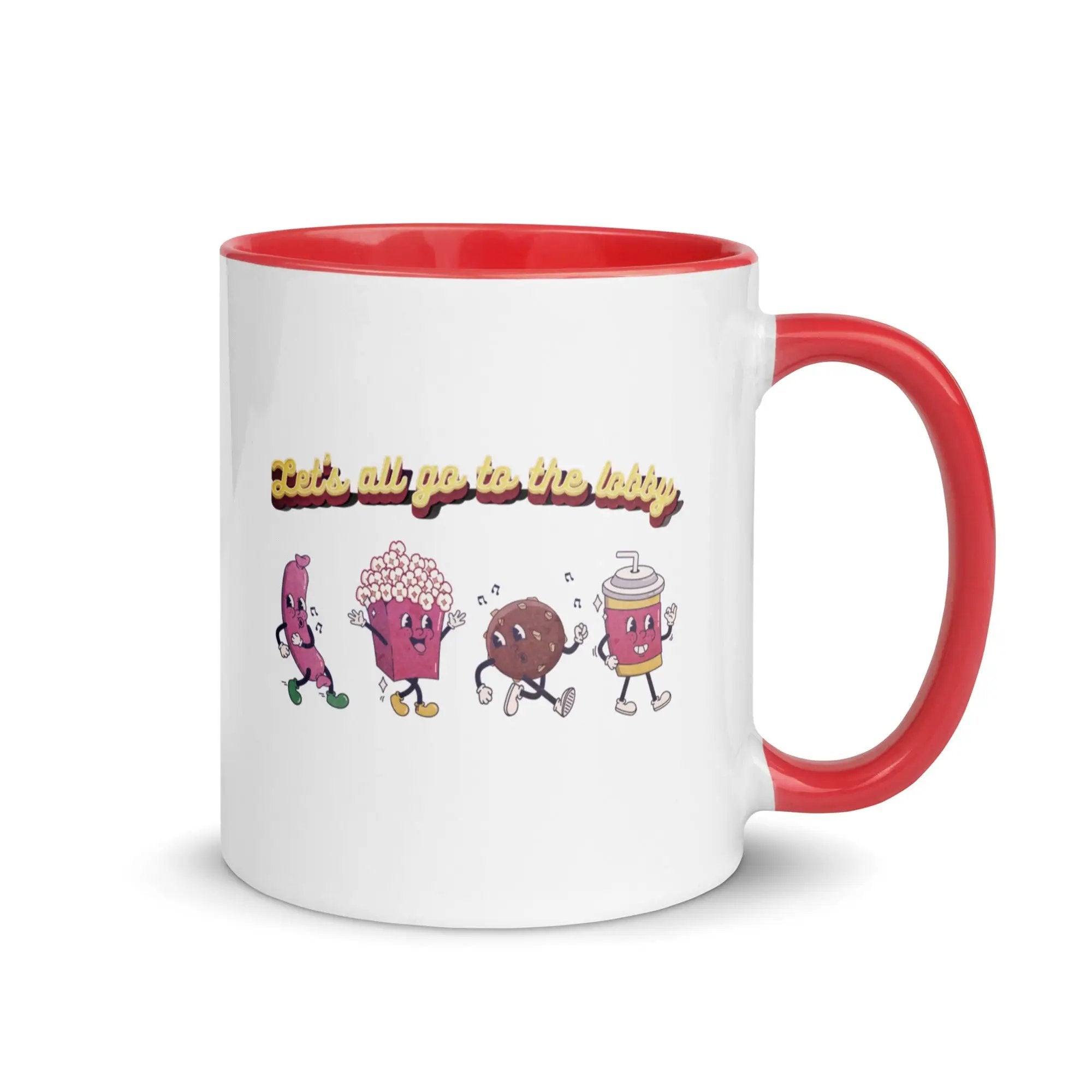 a red and white coffee mug with three cartoon characters on it