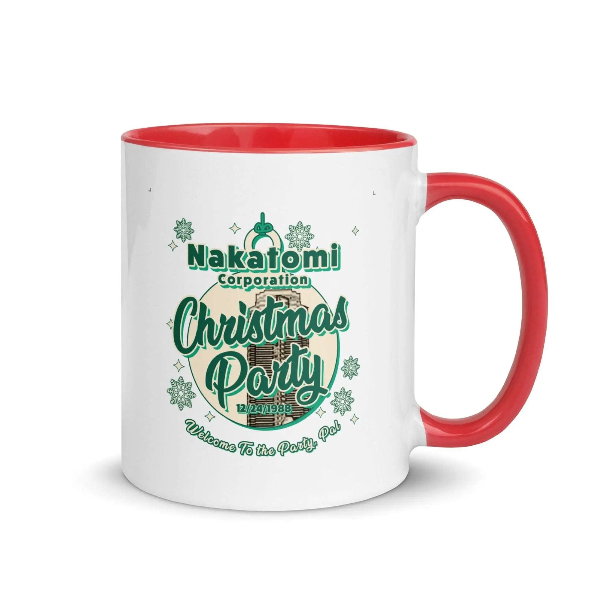 a red and white coffee mug with a christmas party design