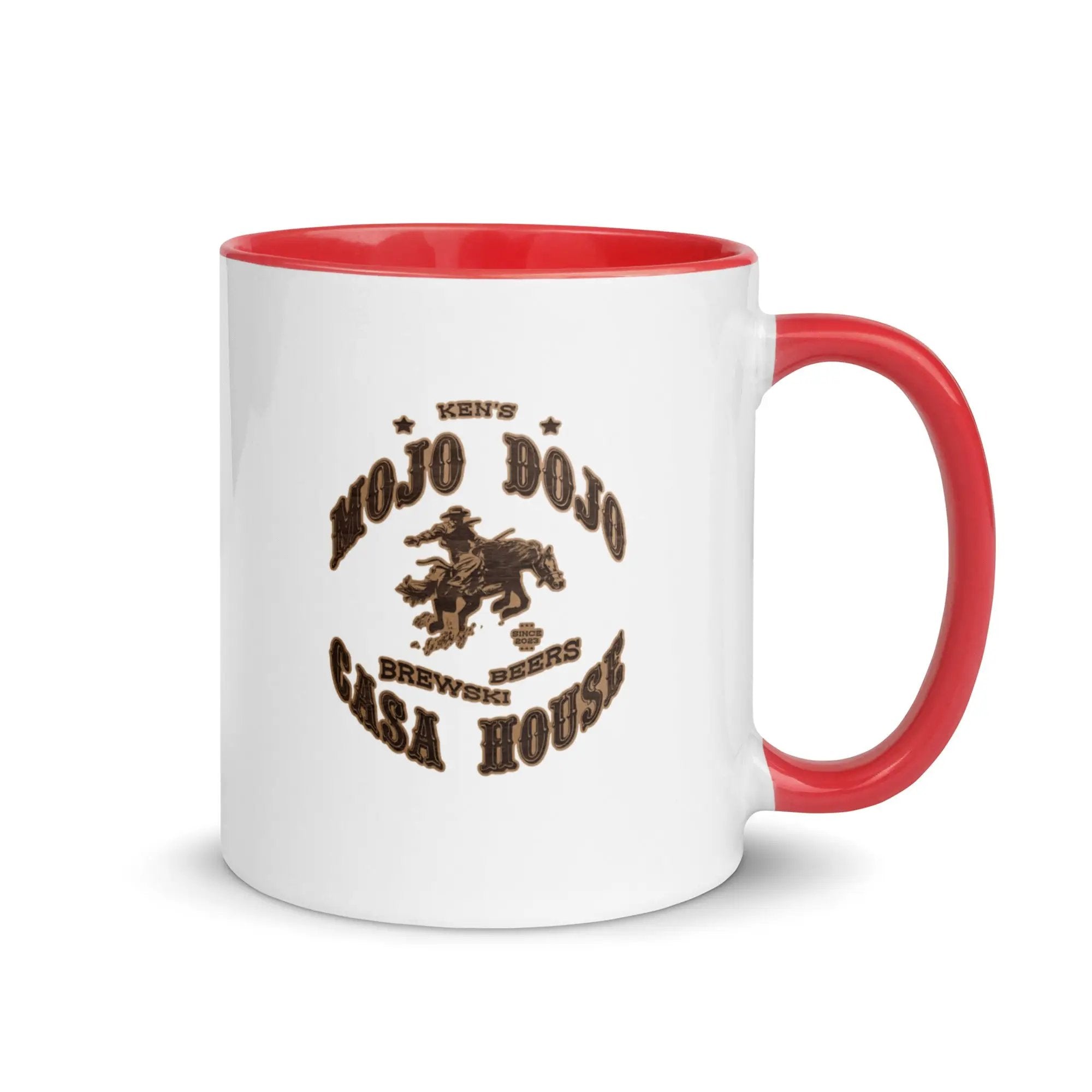 a red and white coffee mug with a horse on it