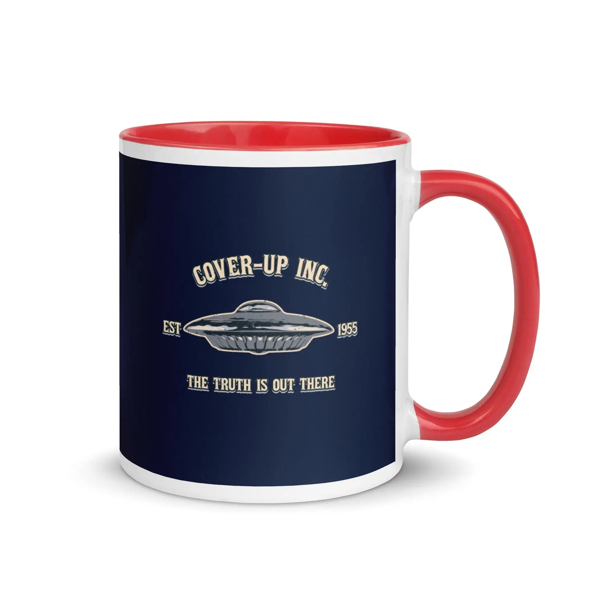 a red and white coffee mug with the words cover - up inc on it
