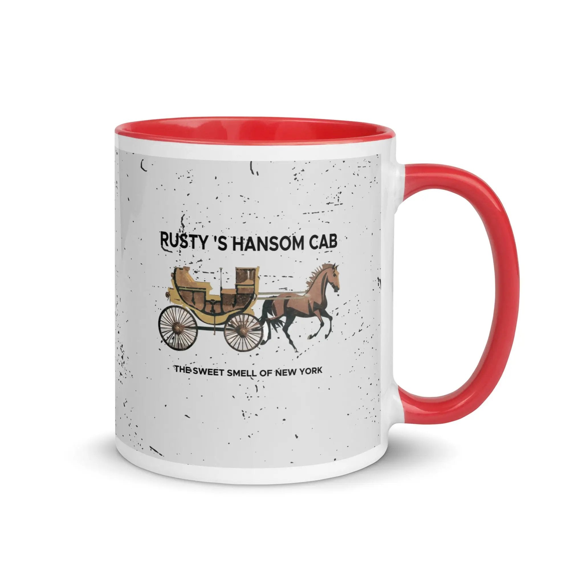 a red and white coffee mug with a horse drawn carriage