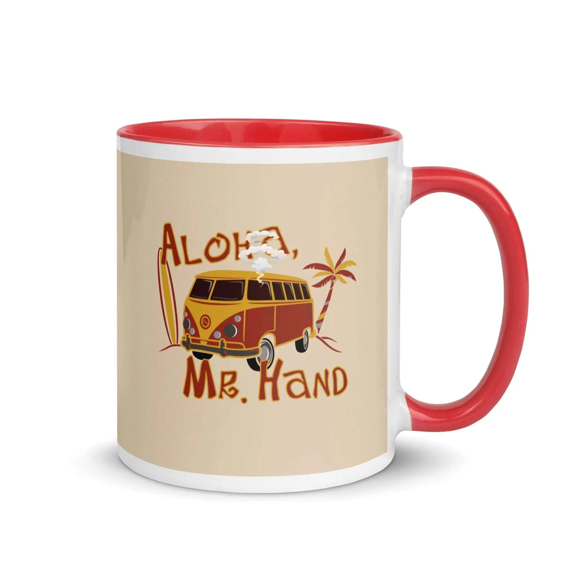 a red and white coffee mug with the words aloh mr hand on it