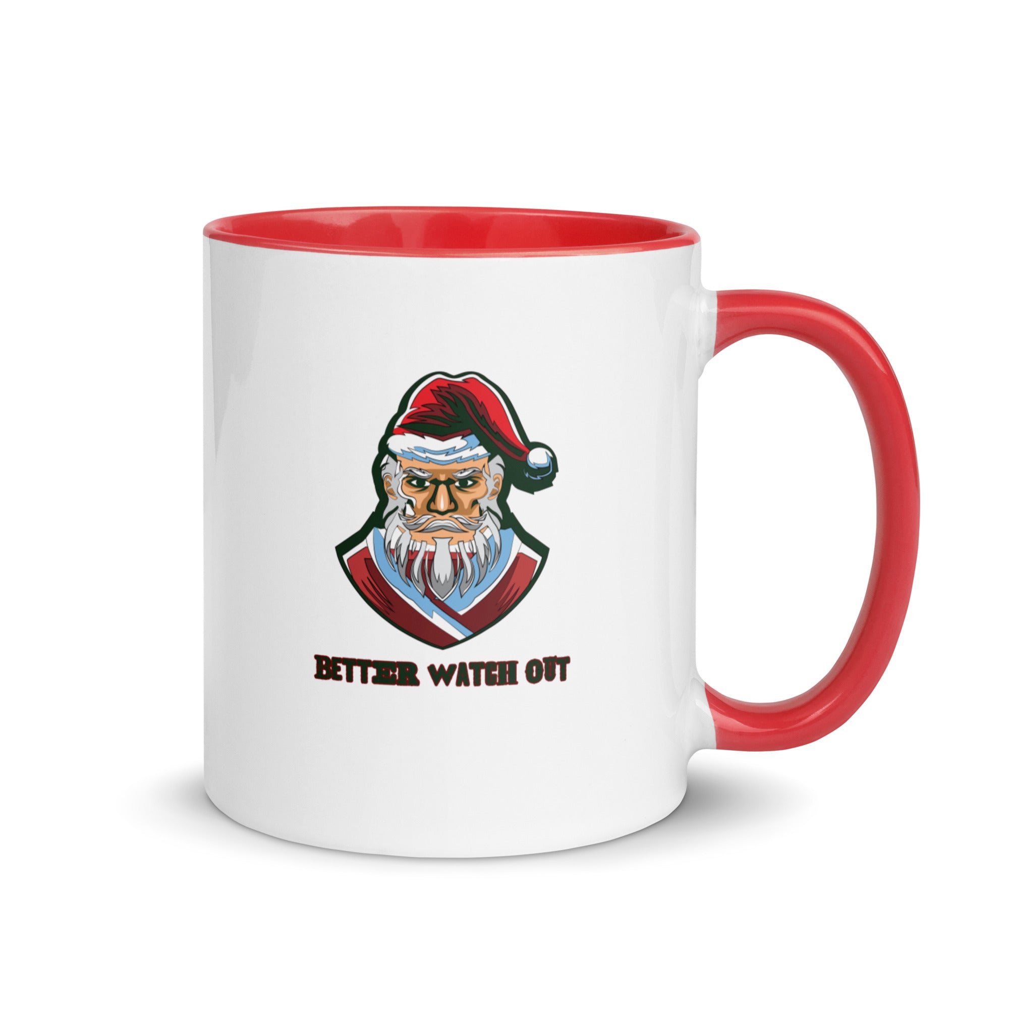 a red and white coffee mug with a santa clause on it