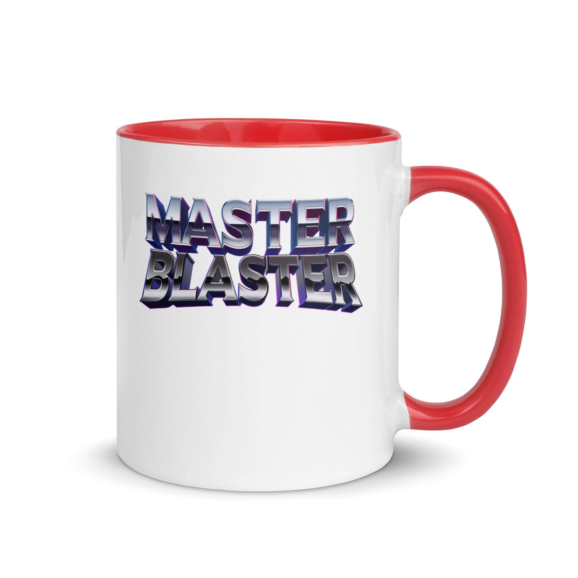 a red and white coffee mug with the words master blaster on it