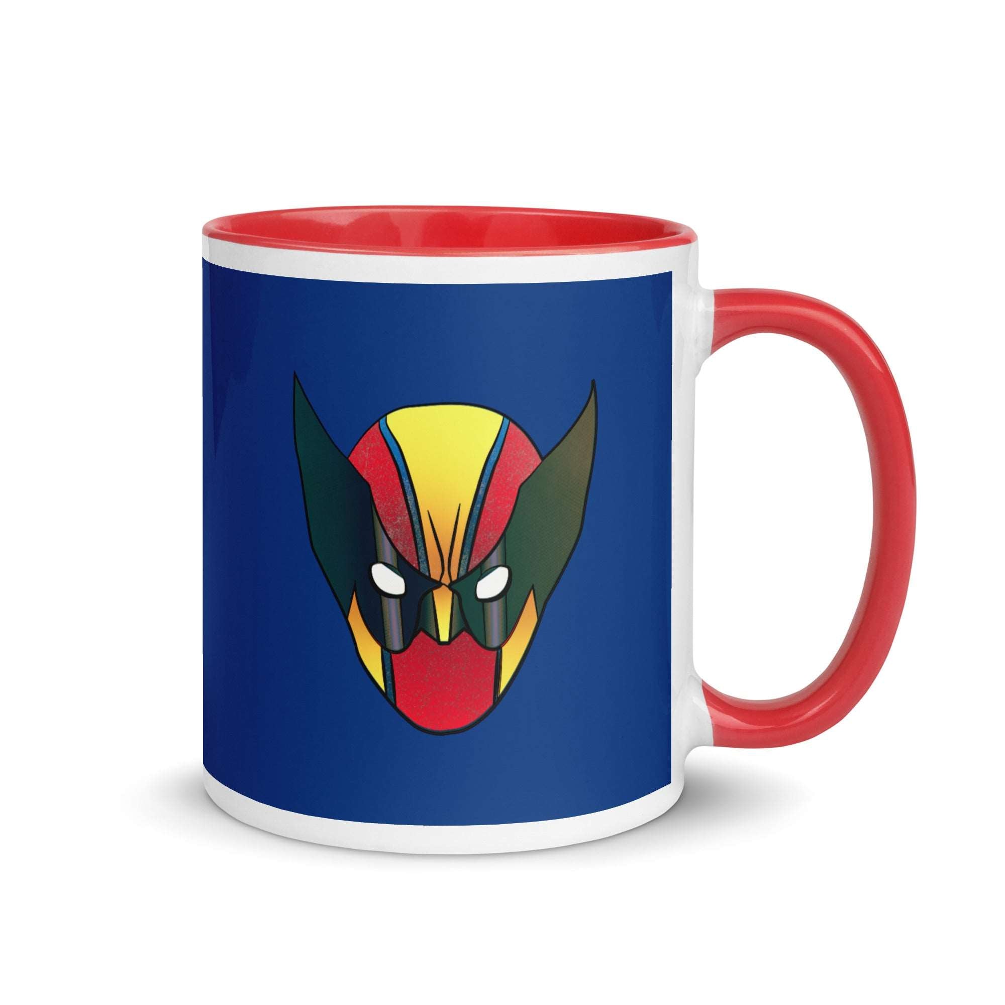 a red and white mug with a wolverine face on it