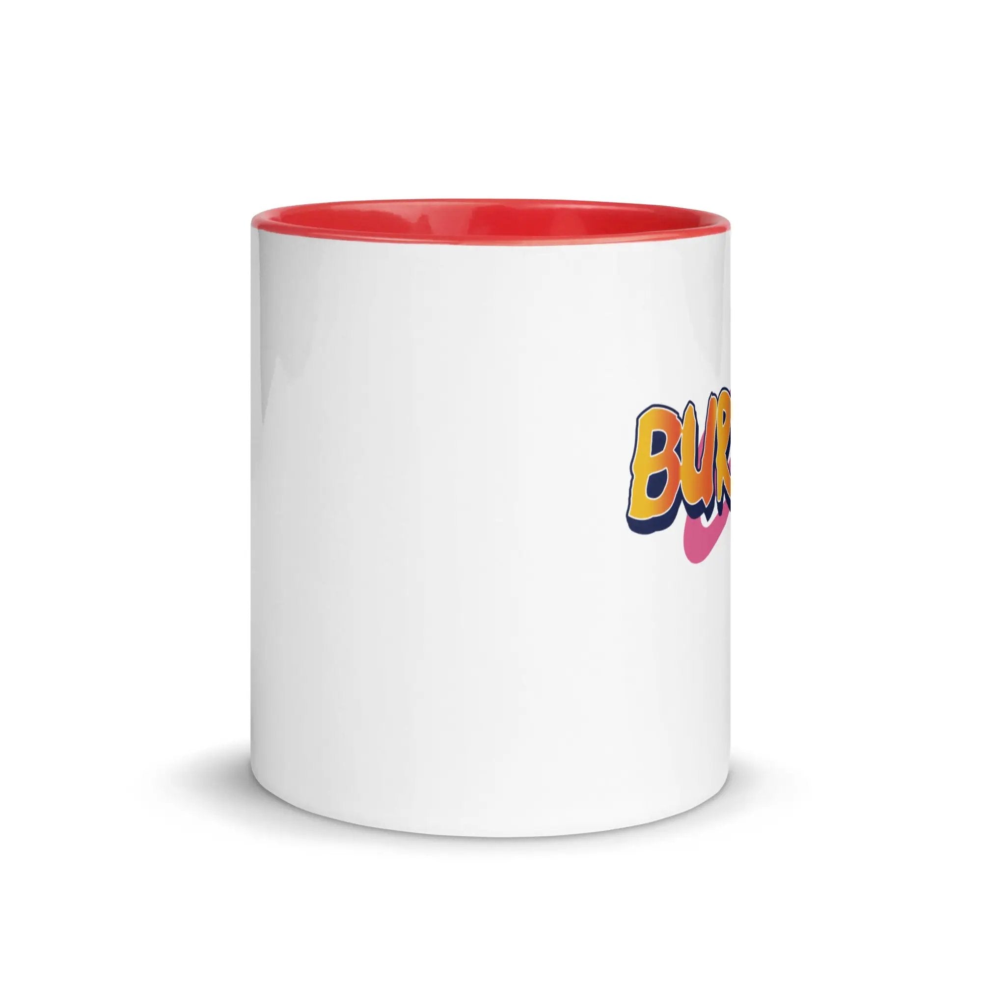 a white and red coffee mug with the word bla on it