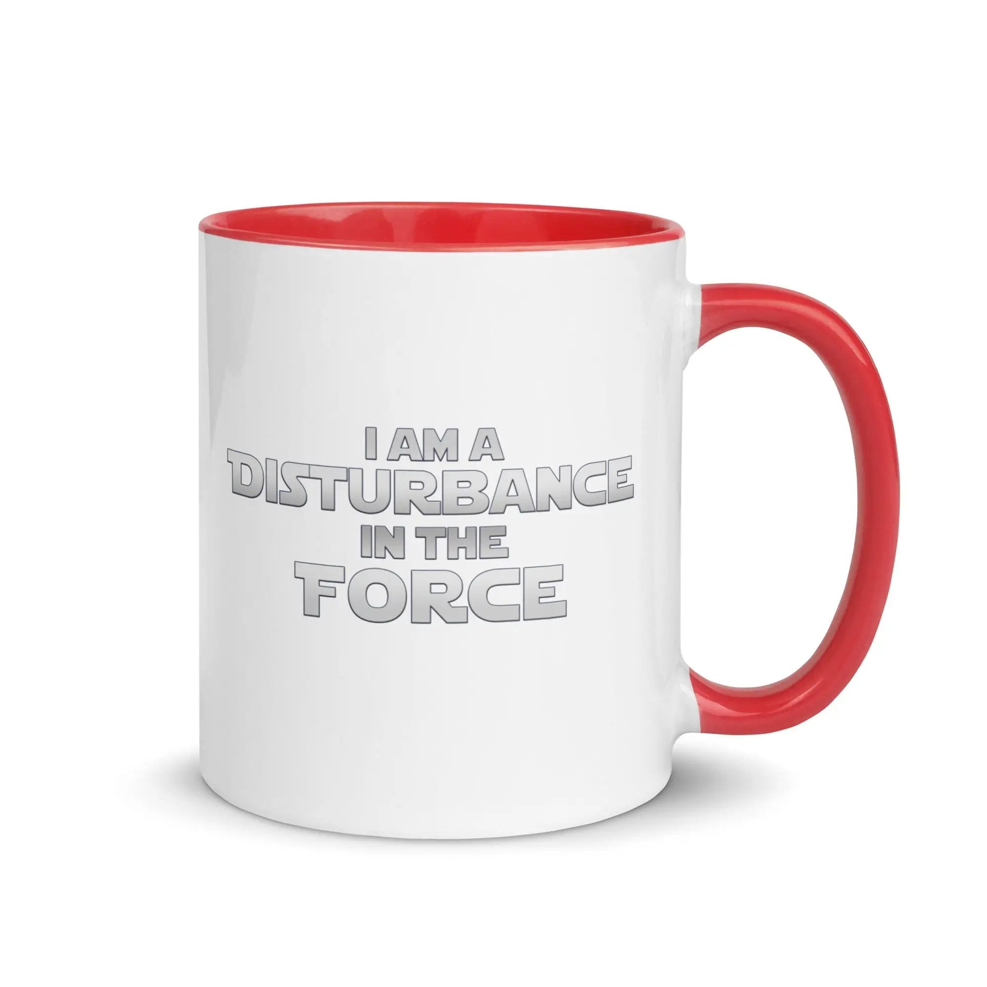 a red and white coffee mug with the words i am a distance in the force