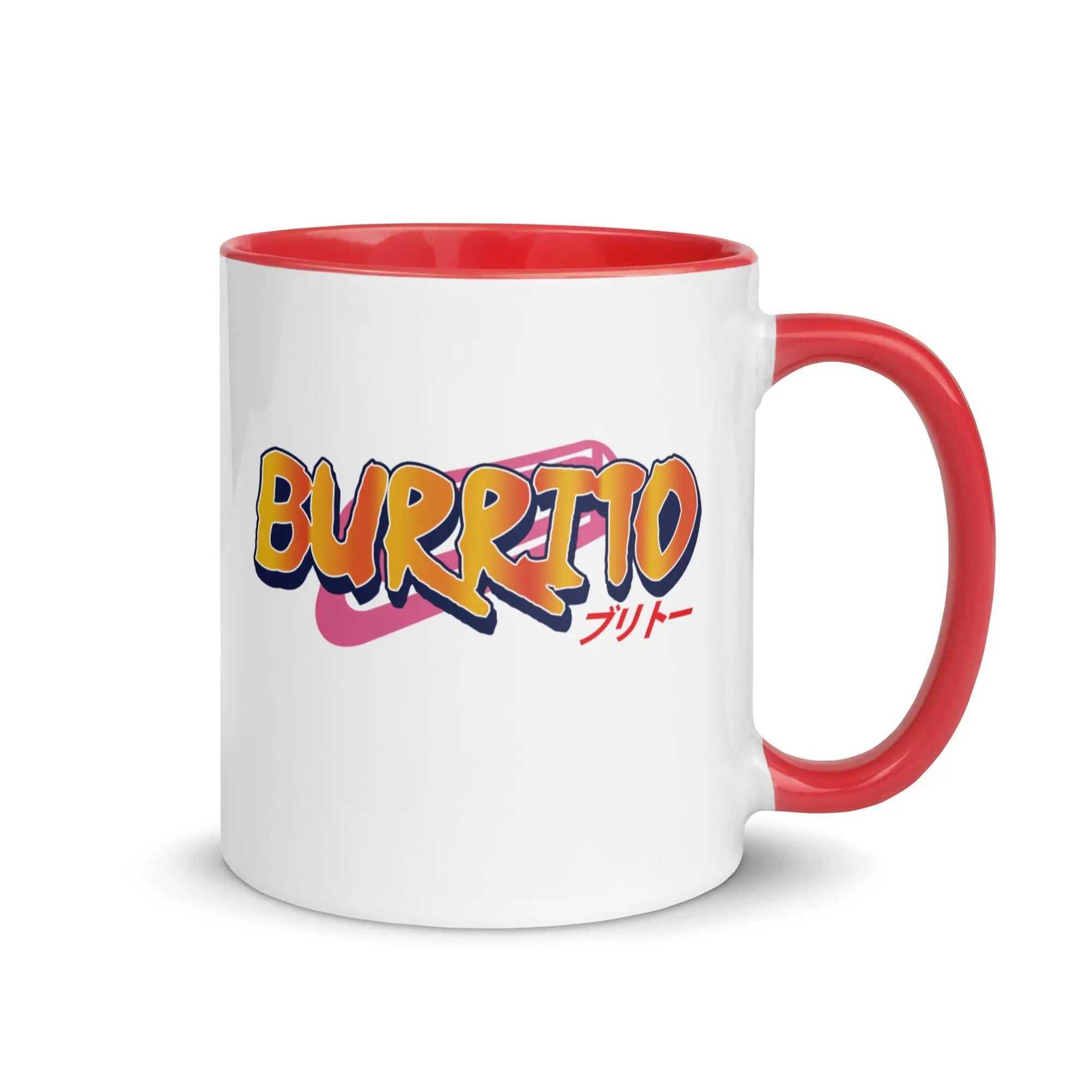 a red and white coffee mug with the word burrito on it