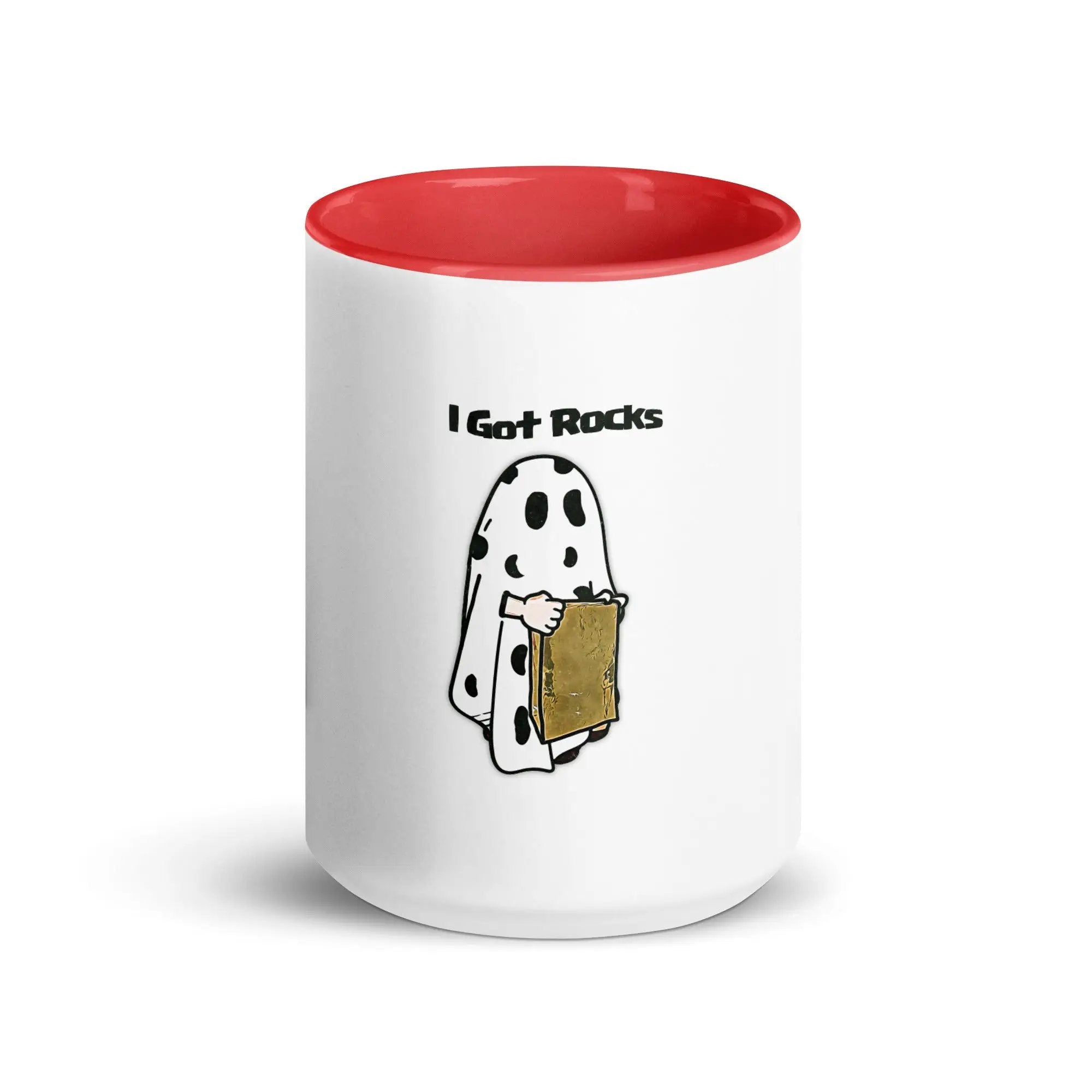 a white and red coffee mug with a ghost holding a box