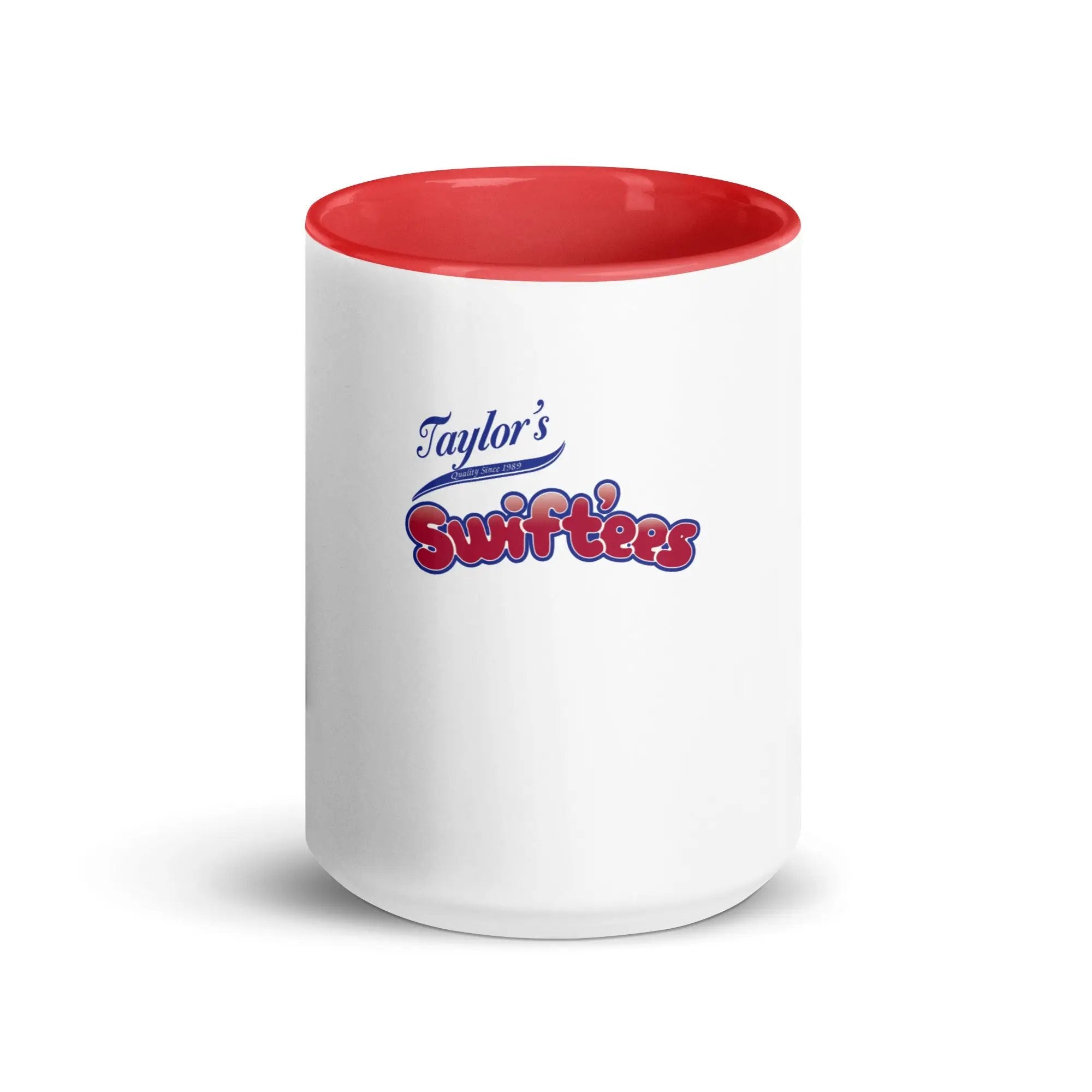 a white and red coffee mug with the words taylor's surffing on