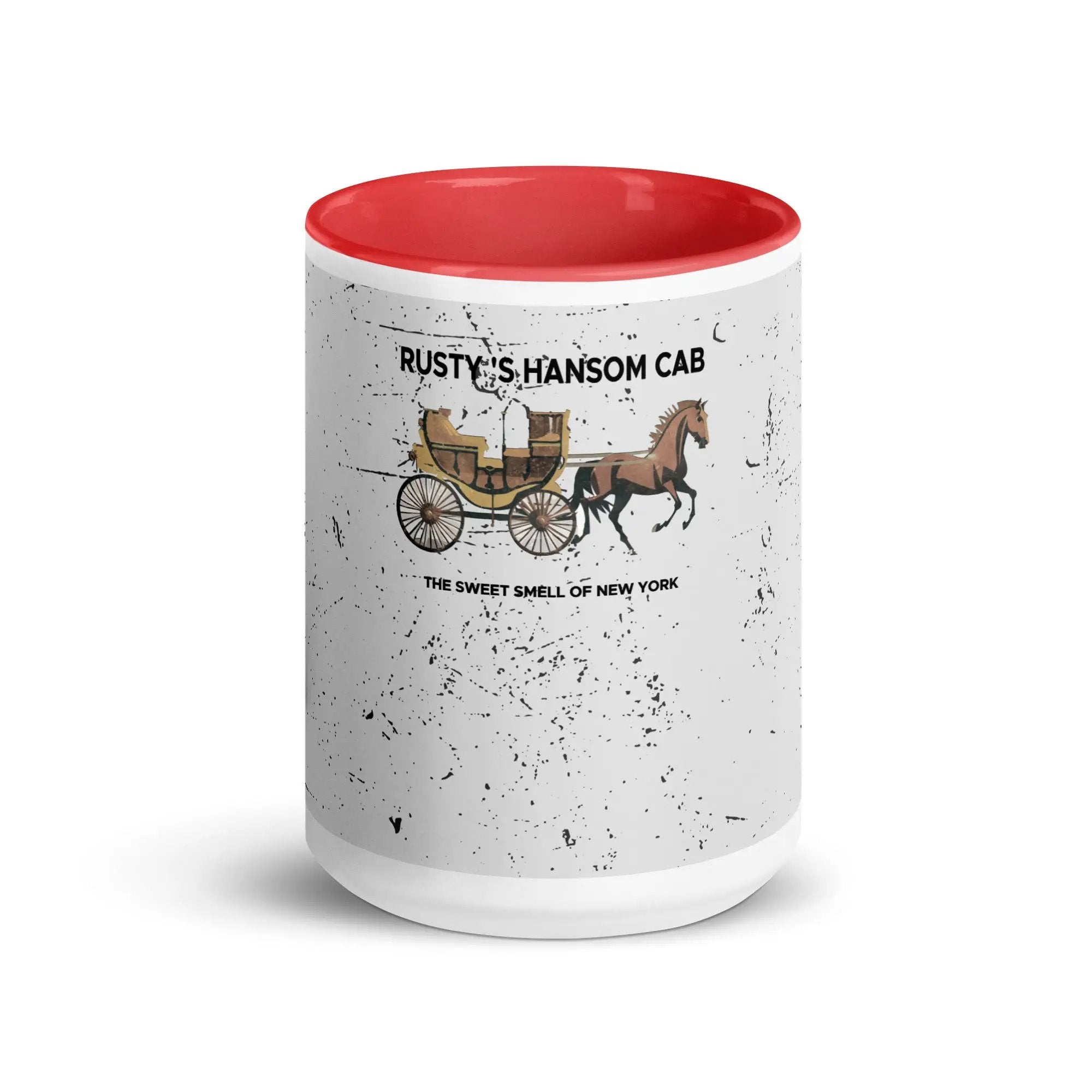 a red and white coffee mug with a horse drawn carriage