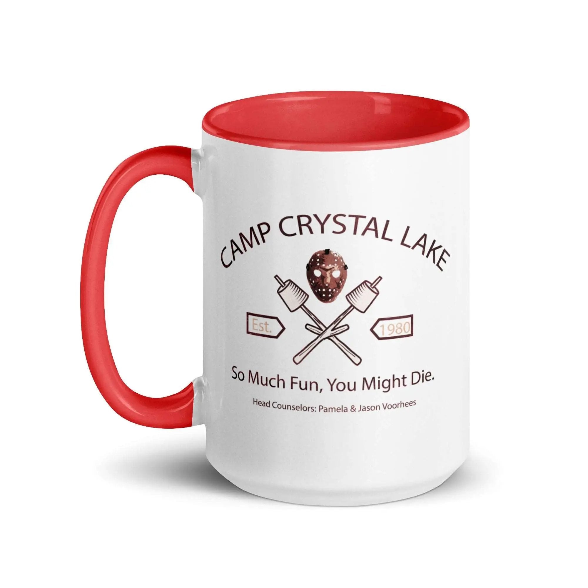 a red and white camp crystal lake mug