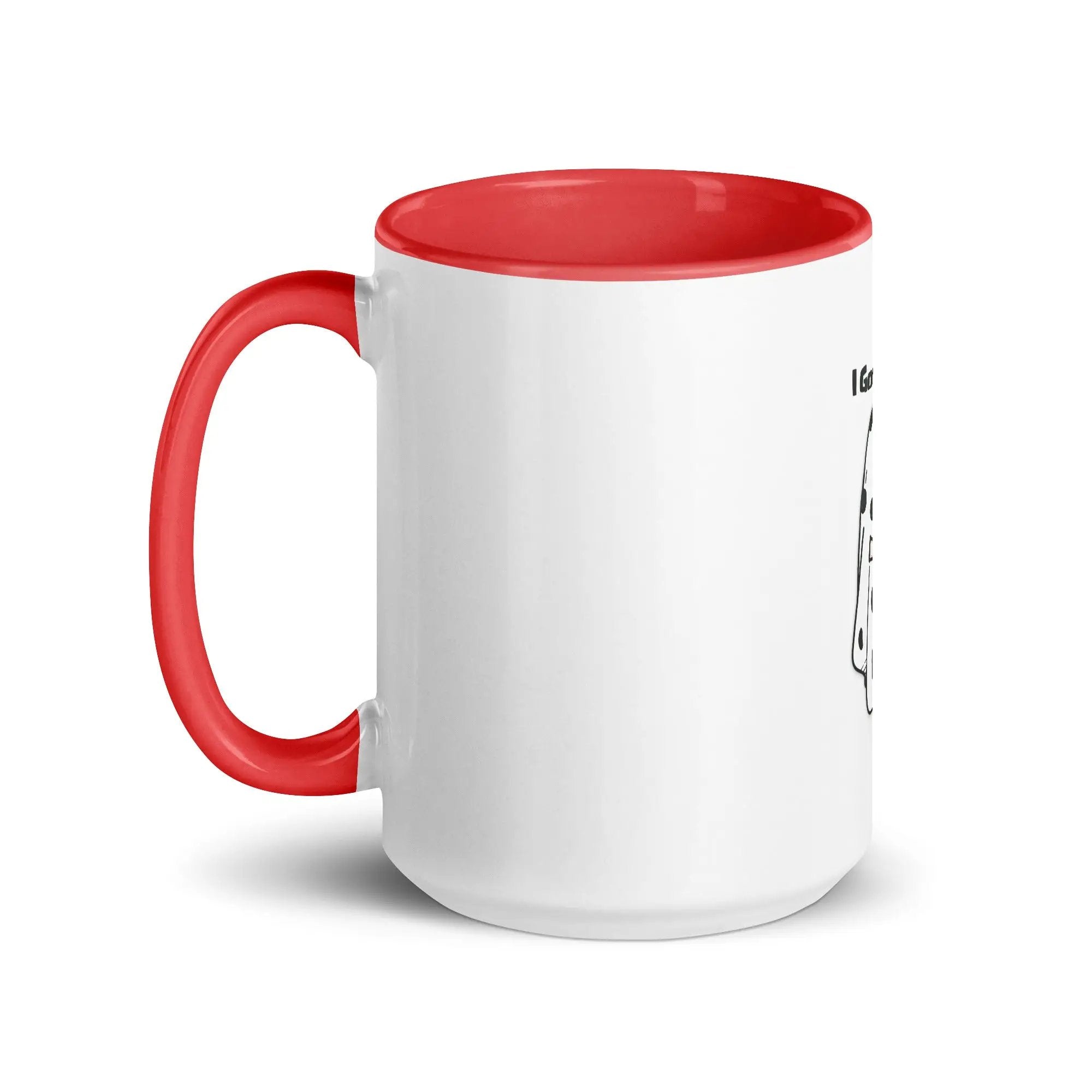 a white and red coffee mug with a red handle