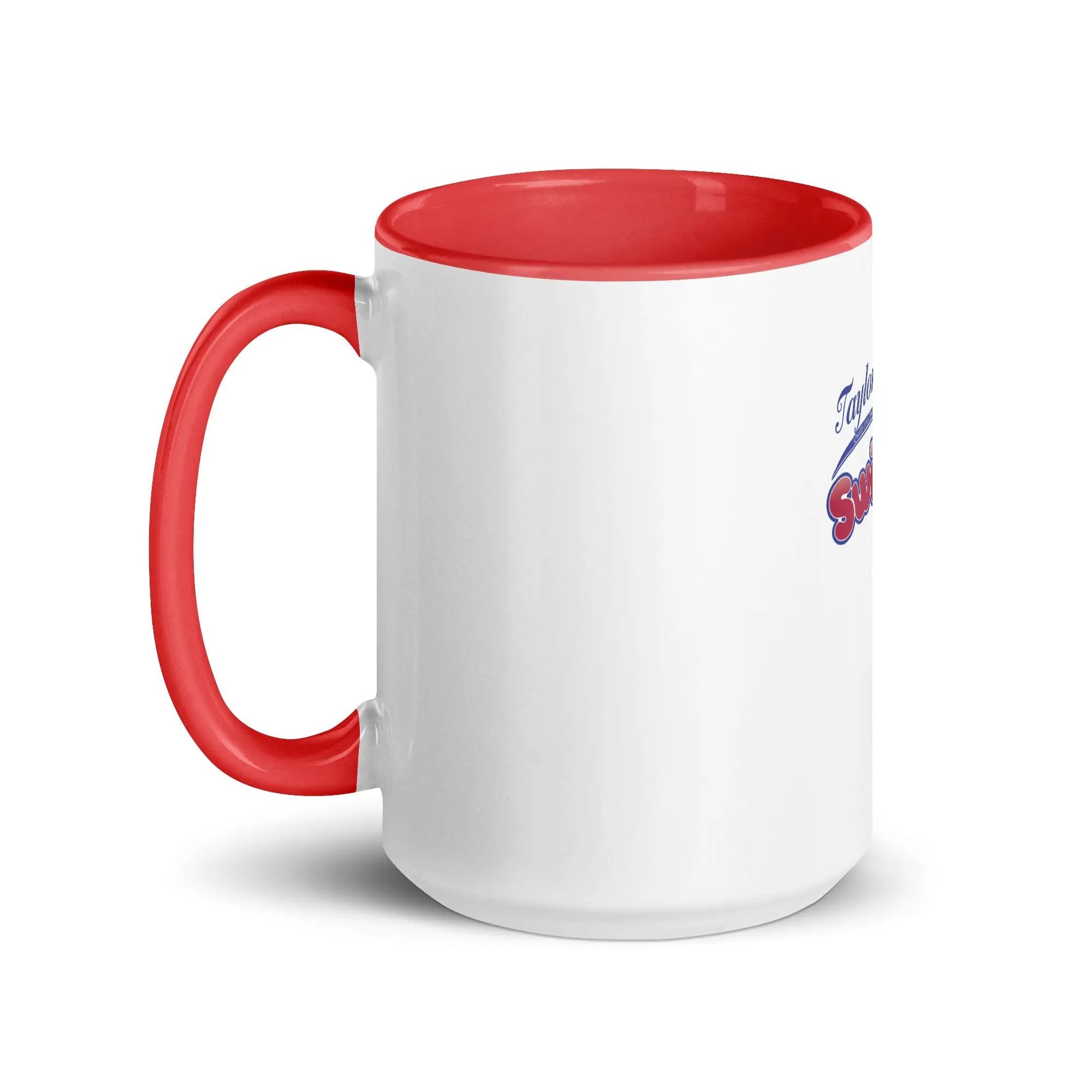 a white and red coffee mug with a red handle