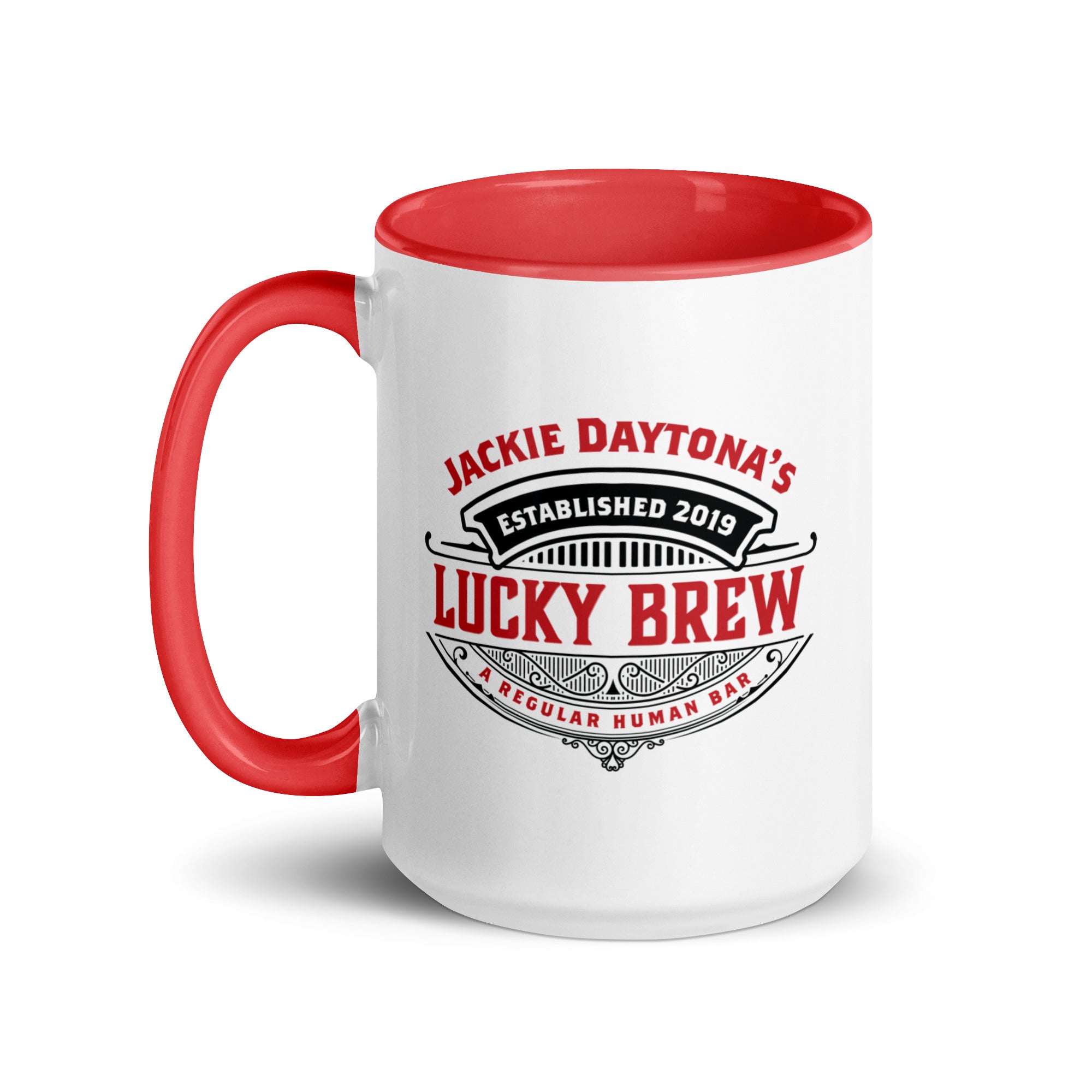 a red and white coffee mug with the words lucky brew on it