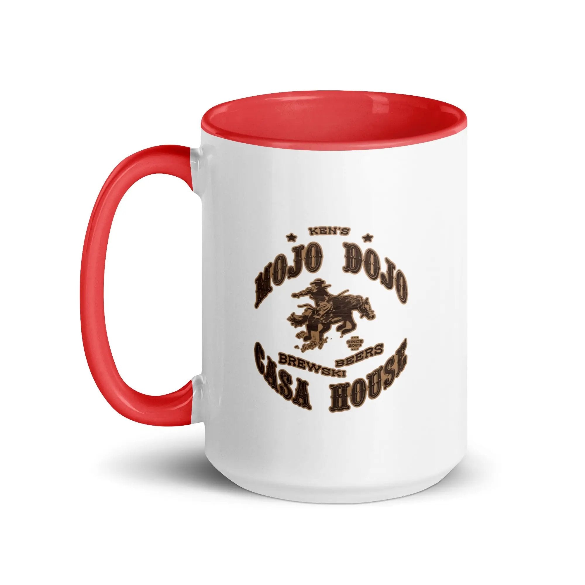 a red and white coffee mug with a horse on it