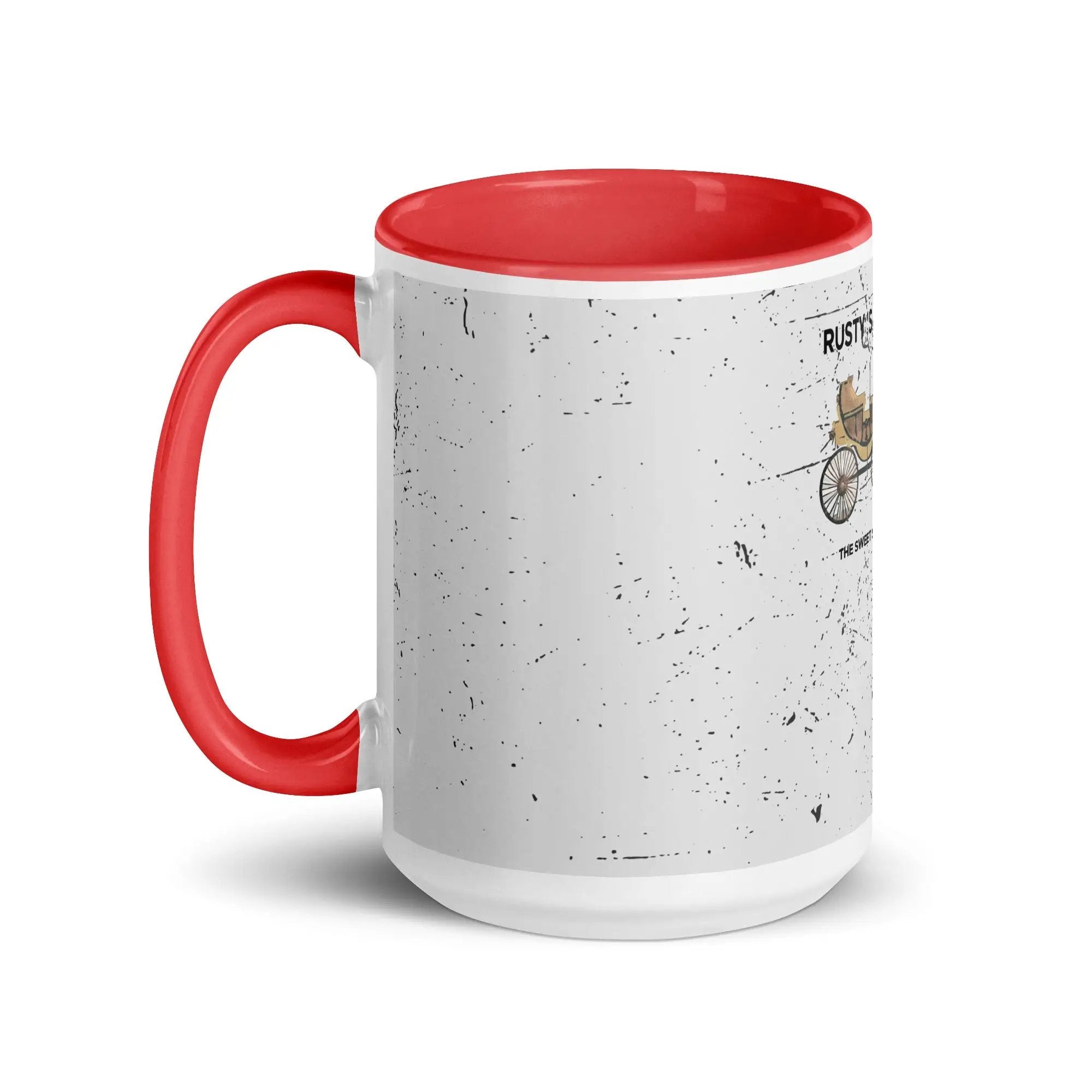 a red and white coffee mug with a picture of a cat on it