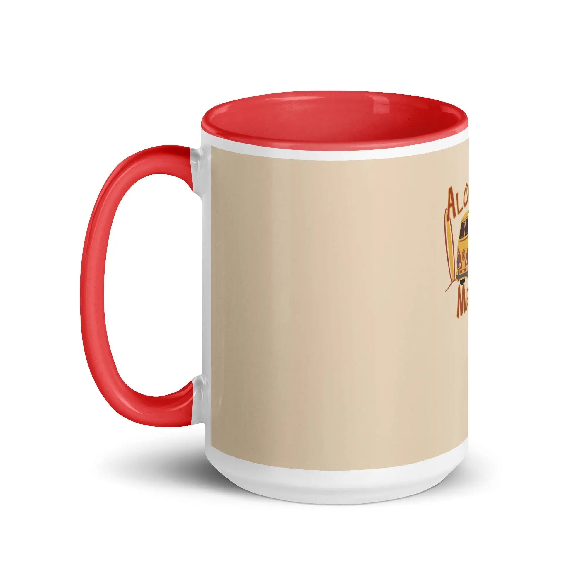 a red and white coffee mug with a picture of a man on it