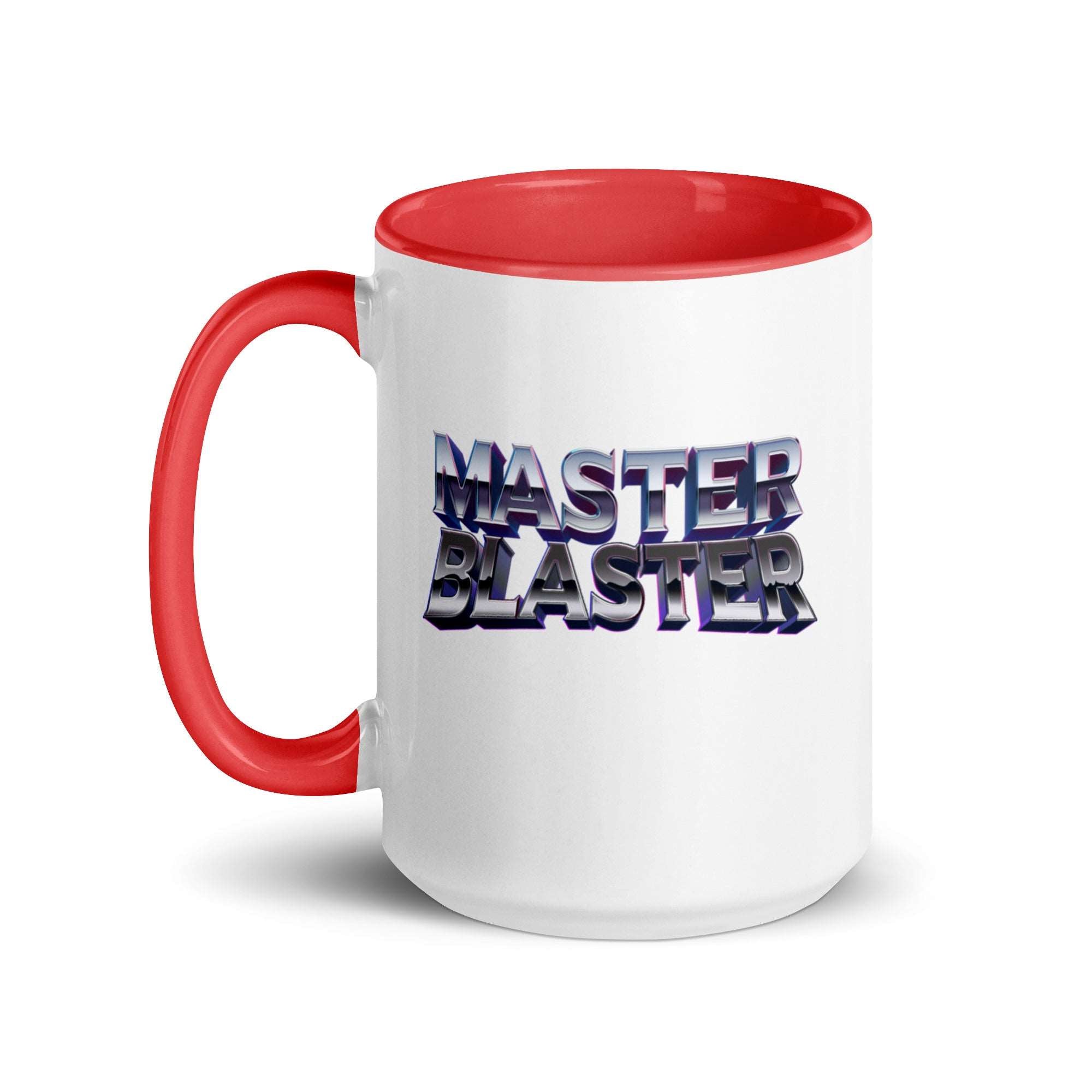 a red and white coffee mug with the words master blaster on it