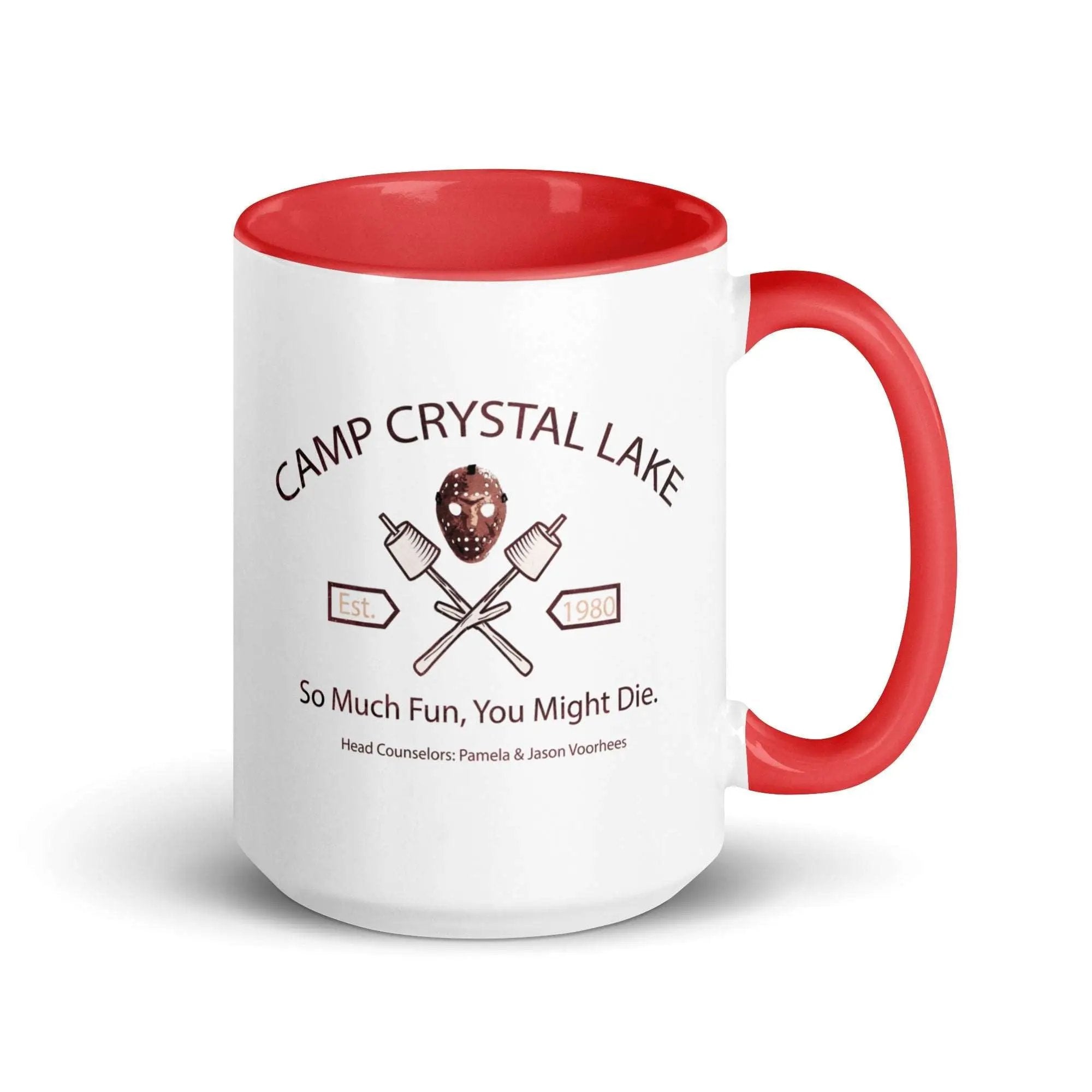 a red and white coffee mug with a picture of a man's face and