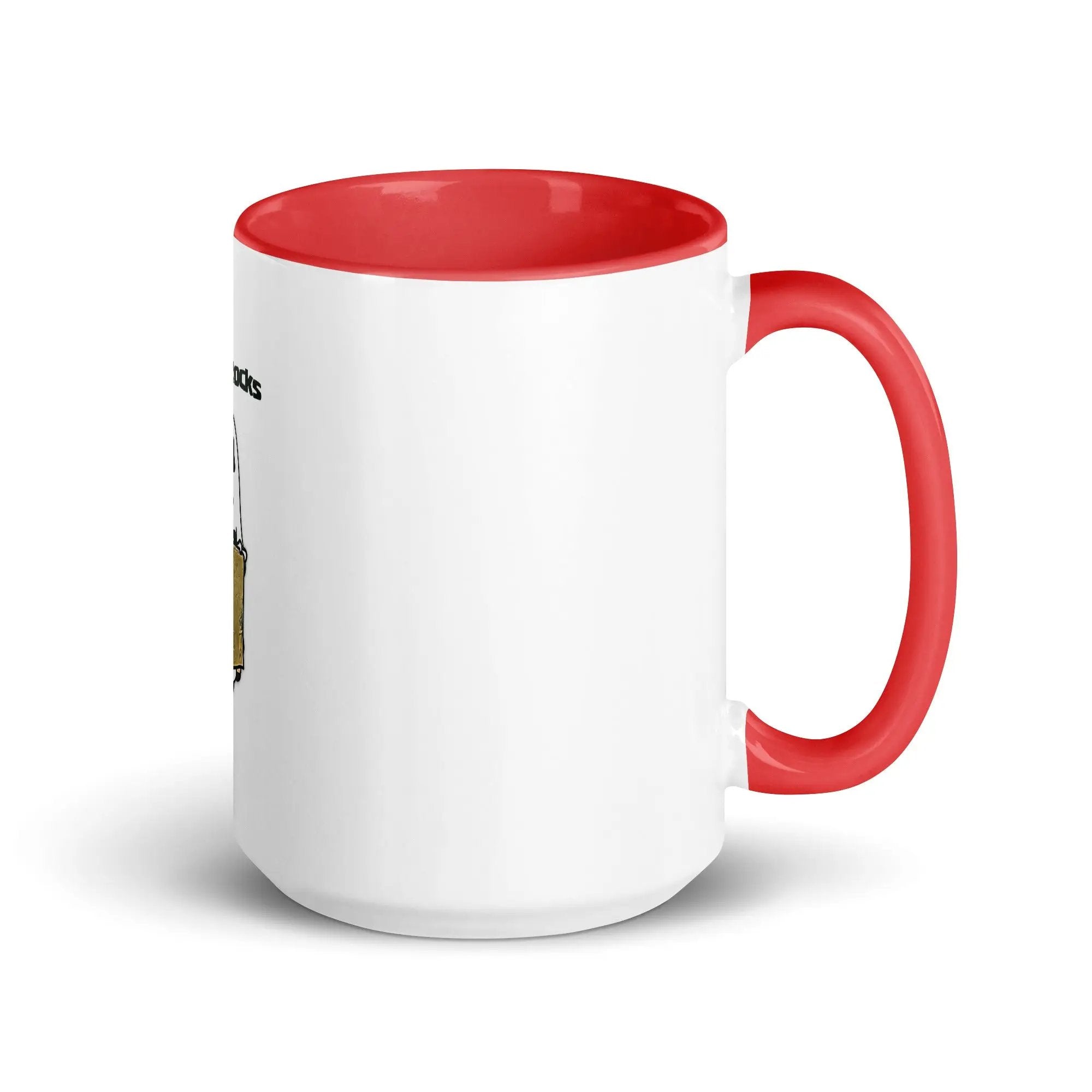 a white and red coffee mug with a red handle