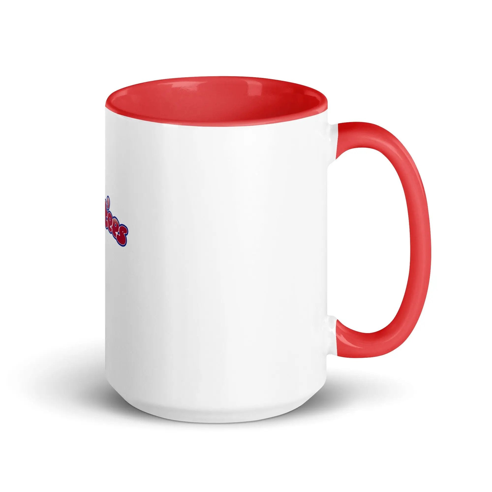 a white and red coffee mug with a red handle