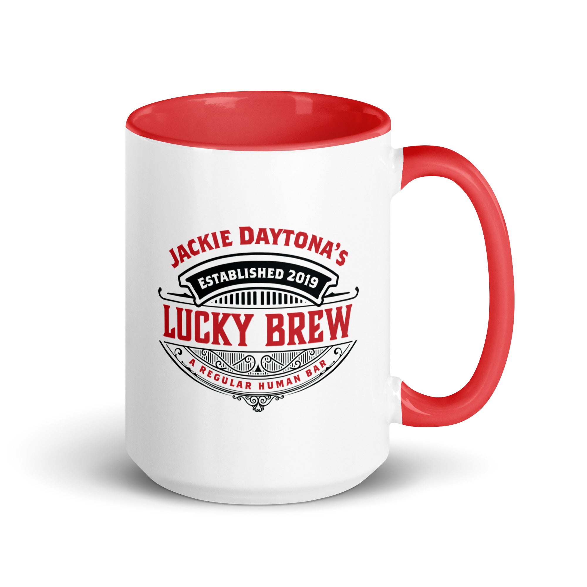 a red and white coffee mug with the words lucky brew on it