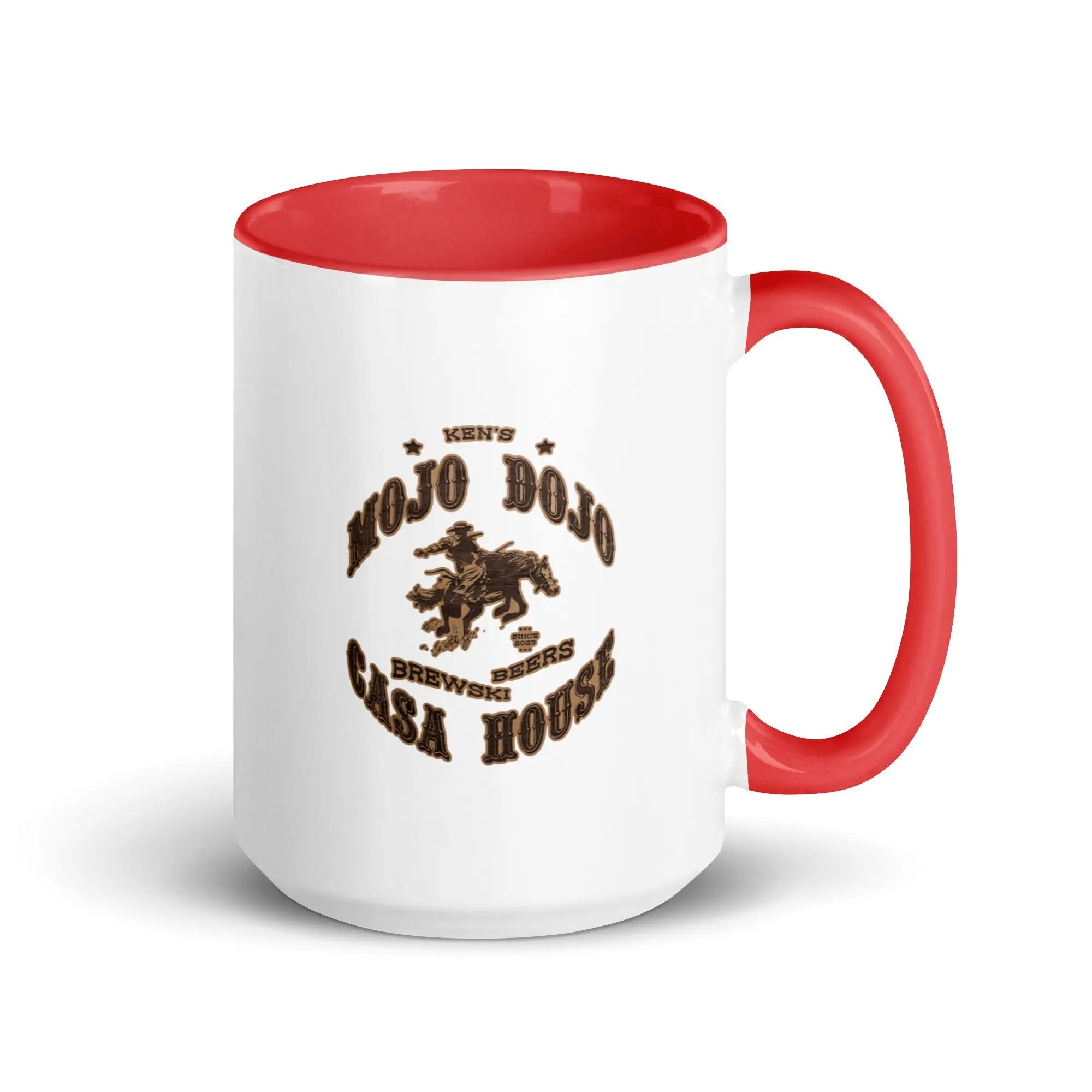a red and white coffee mug with a horse on it