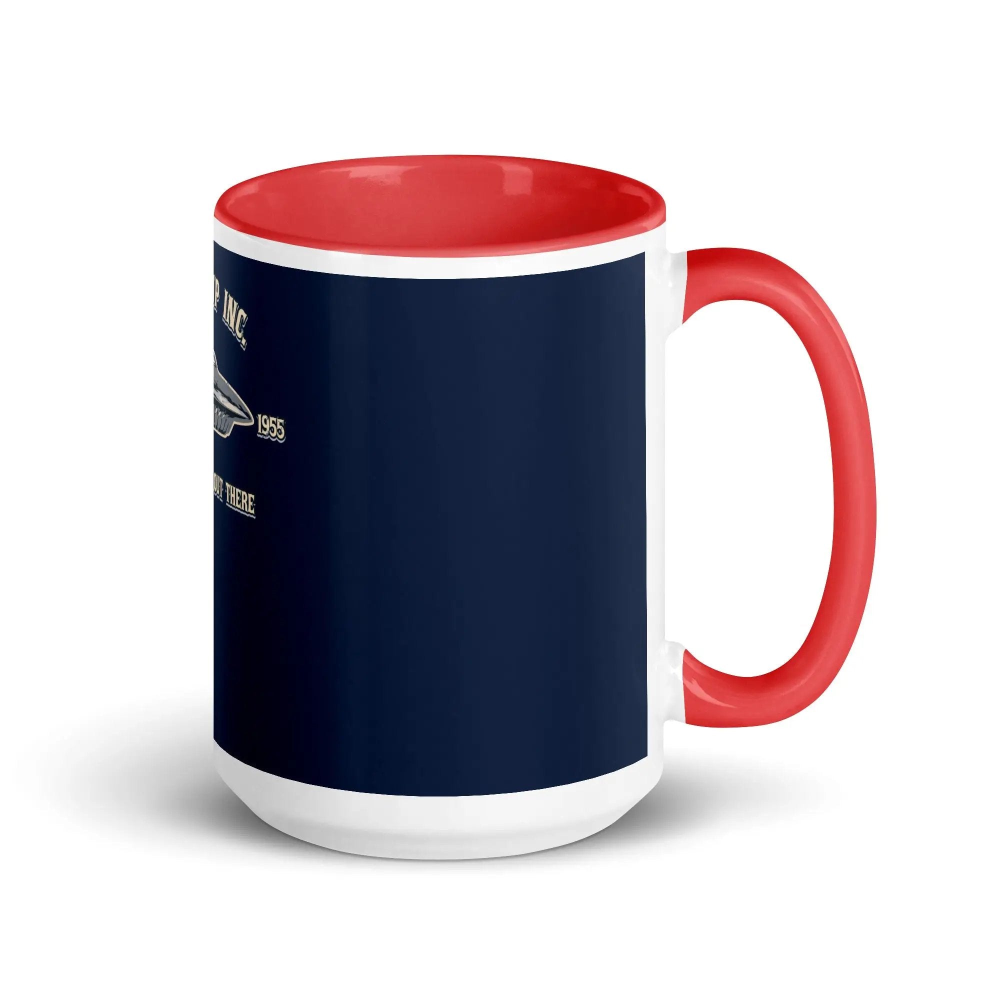 a red and white coffee mug with a blue background