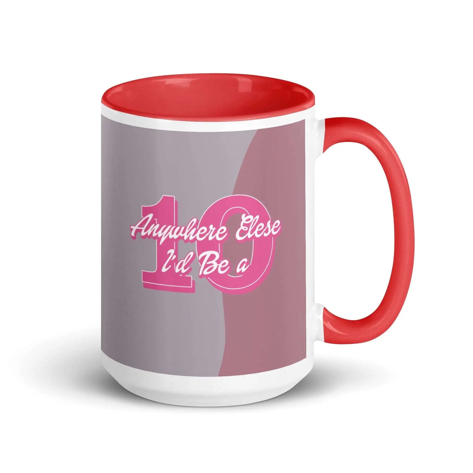 a red and white coffee mug with a pink handle