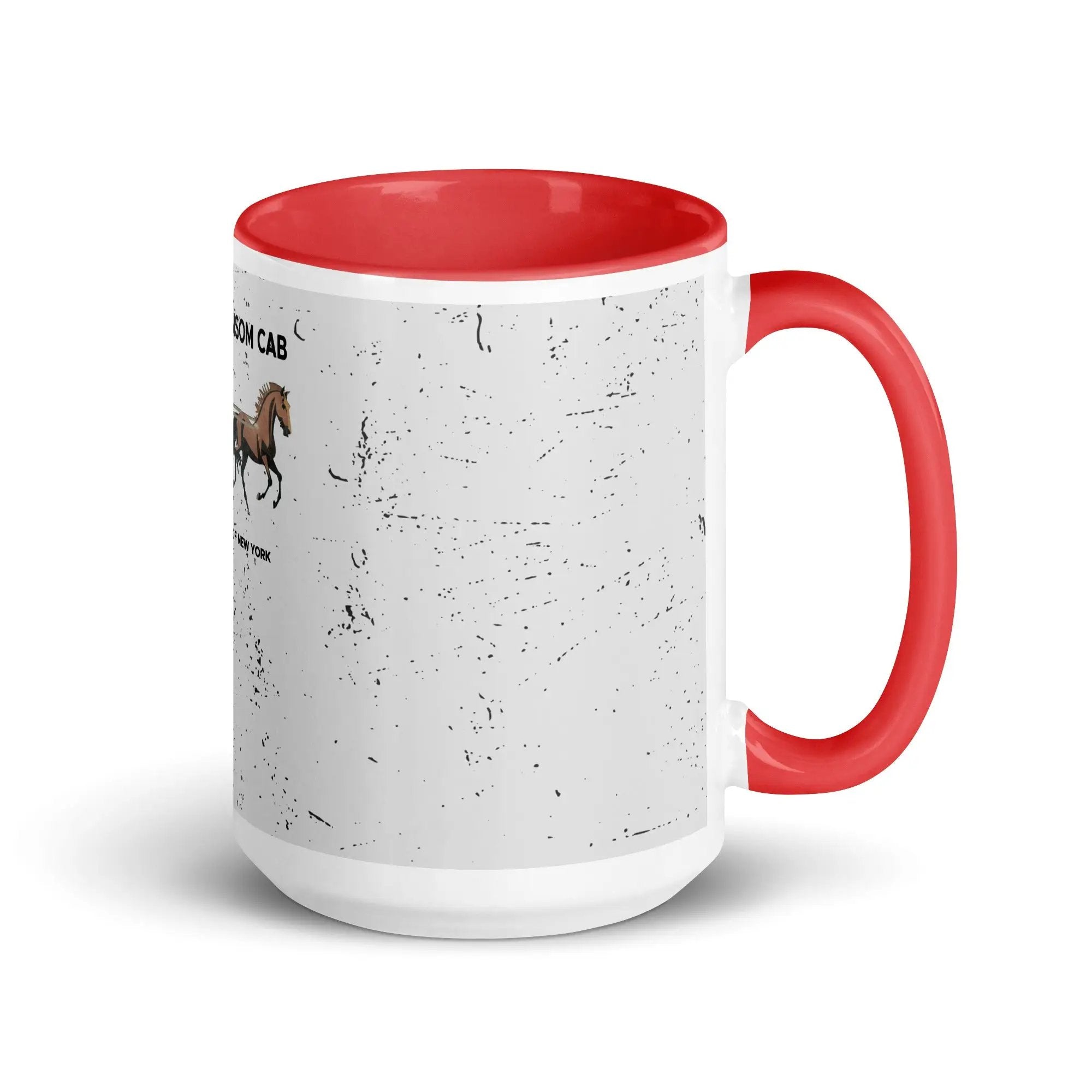 a red and white coffee mug with a picture of a horse