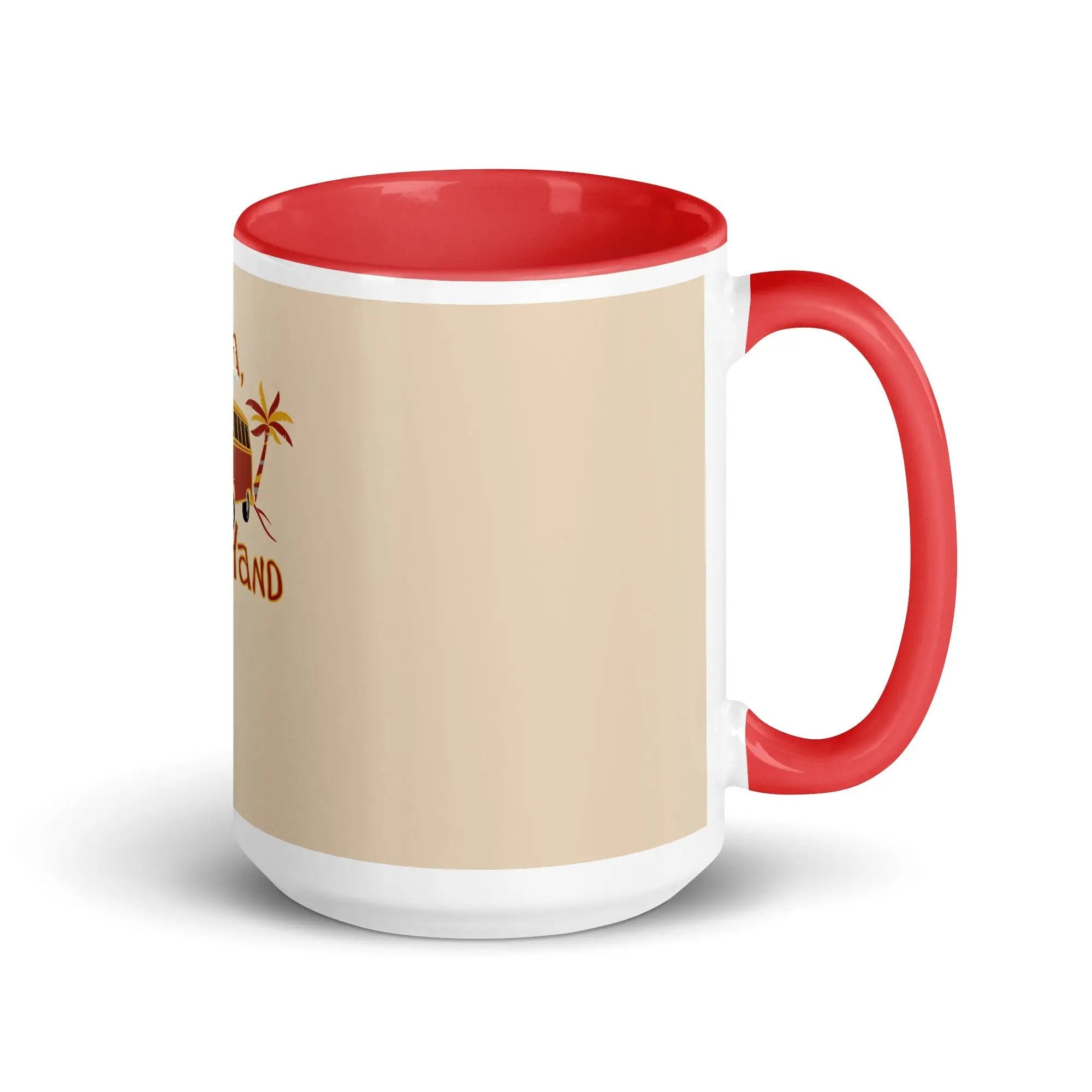 a red and white coffee mug sitting on top of a table