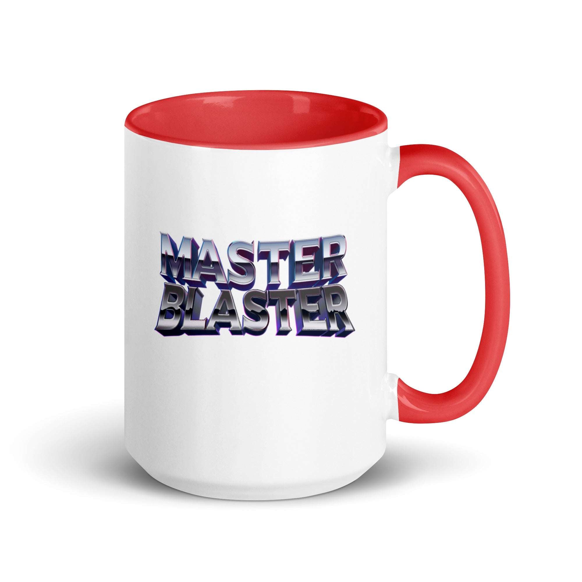 a red and white coffee mug with the words master blaster on it