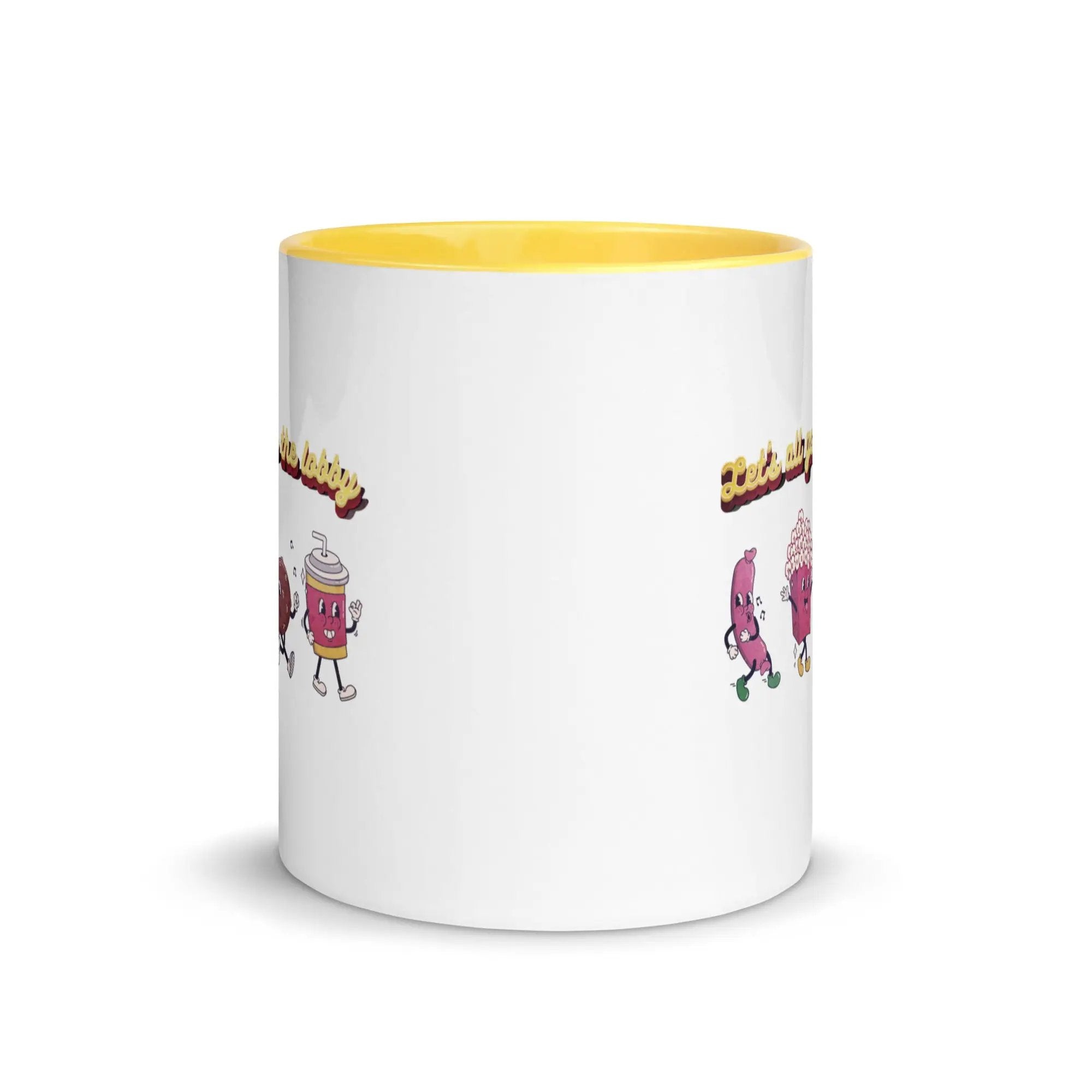 a white and yellow coffee mug with cartoon characters on it