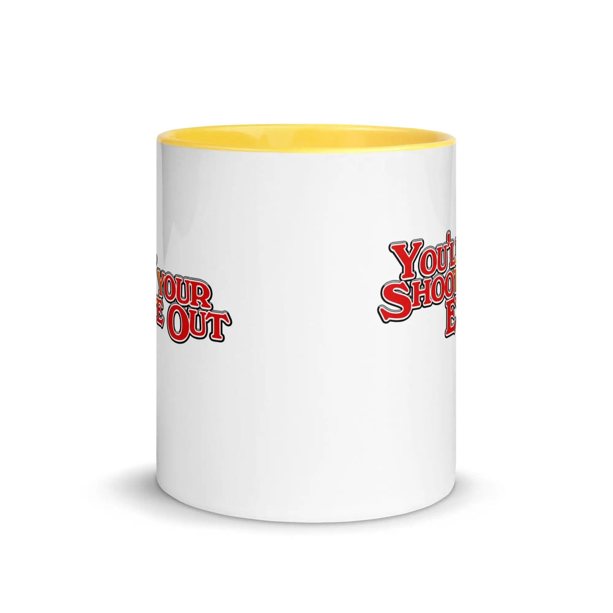 a white and yellow coffee mug with the words your shot on it