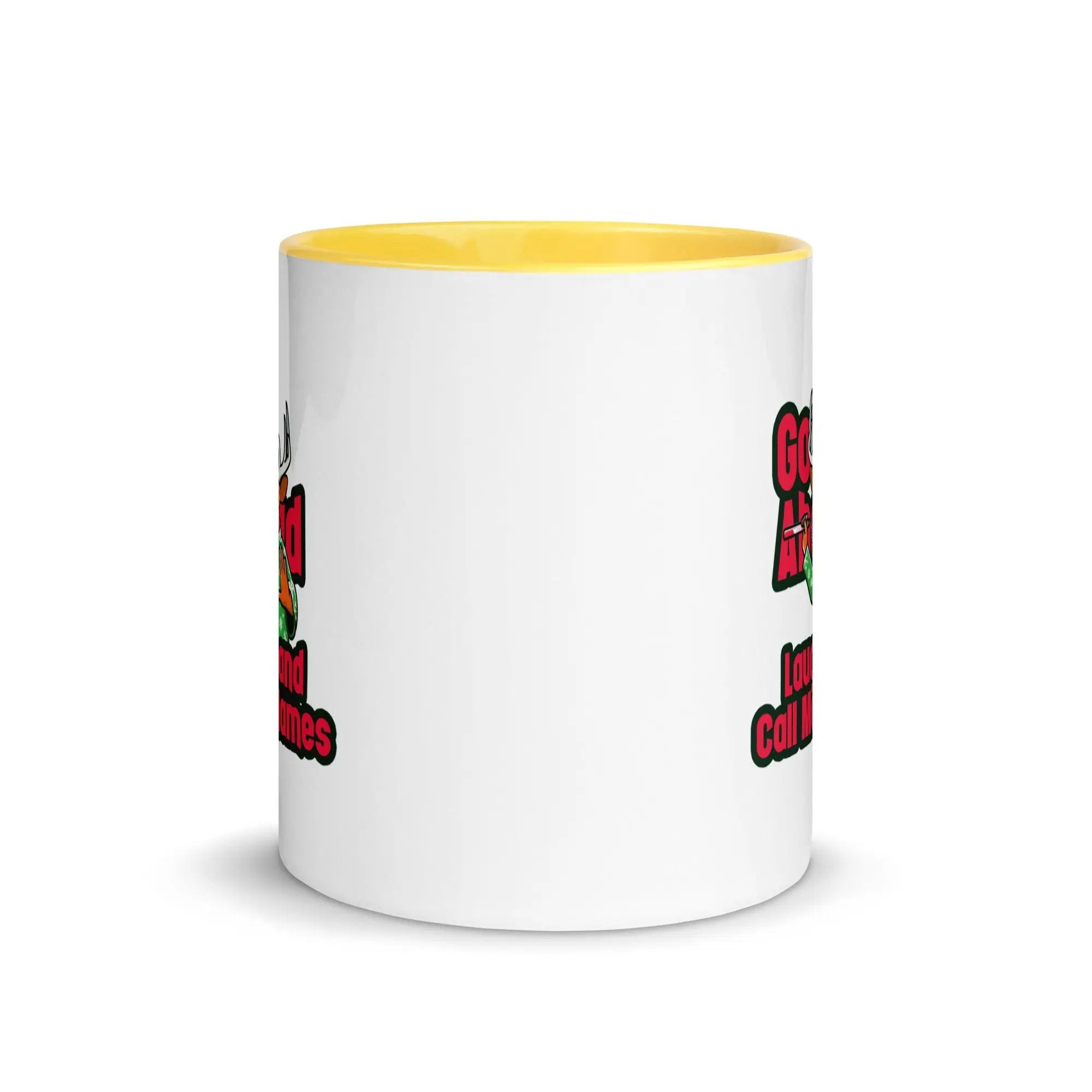 a white and yellow coffee mug with a yellow rim