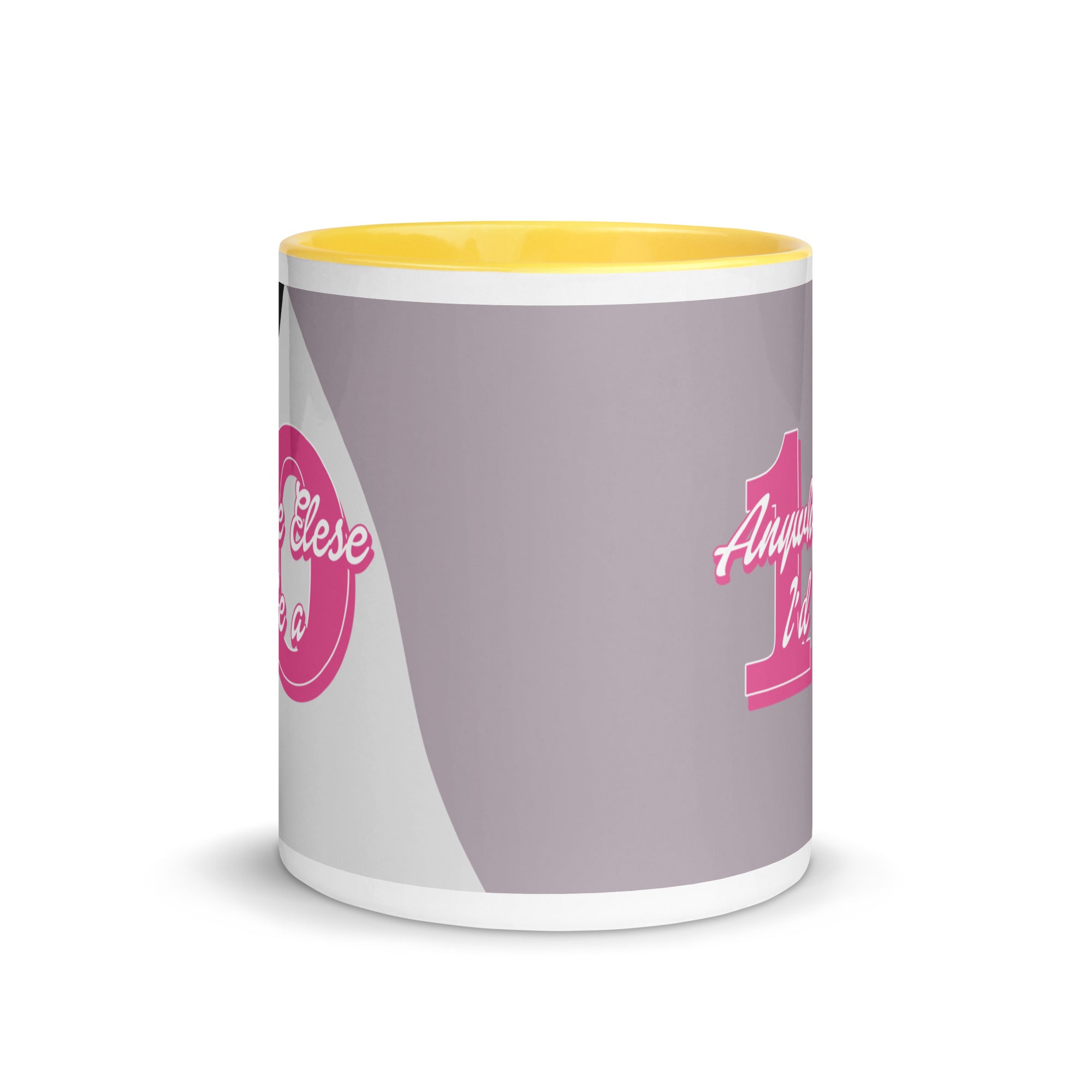 a white and yellow coffee mug with a yellow lid