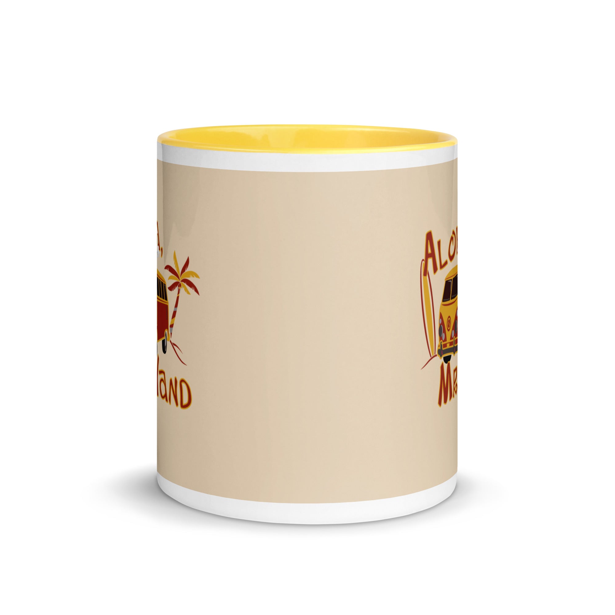 a yellow and white coffee mug with a picture of a surfboard