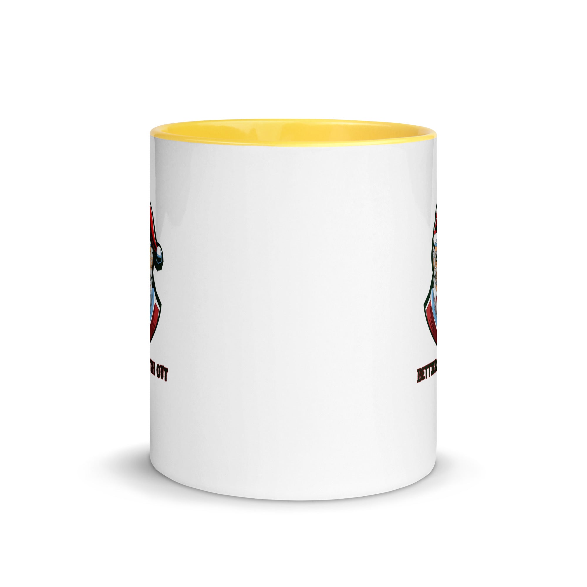 a white coffee mug with a yellow rim