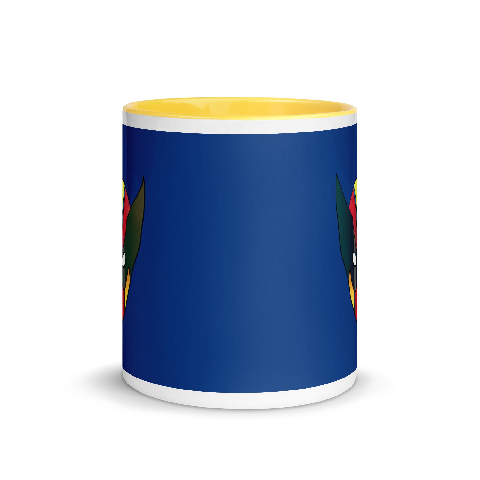 a blue and yellow coffee mug with a bird on it