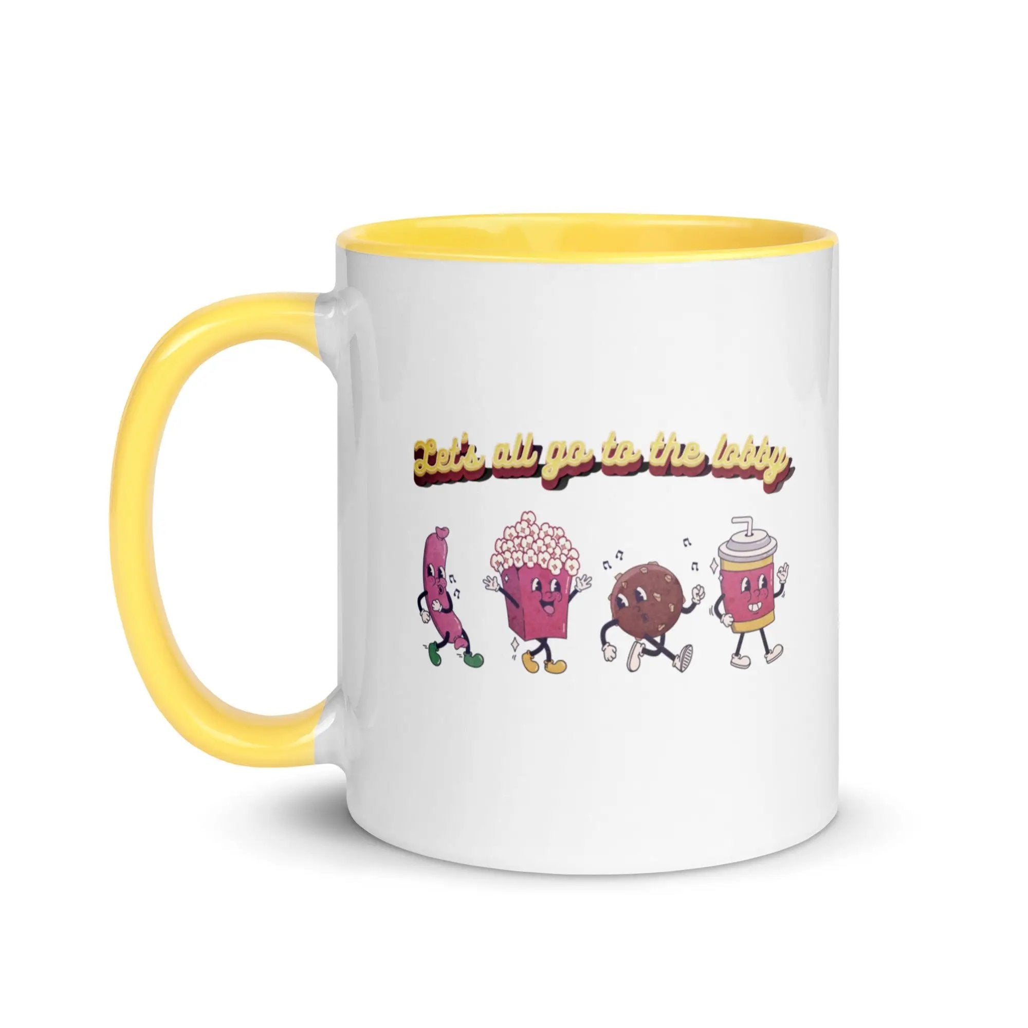 a white and yellow coffee mug with cartoon characters on it
