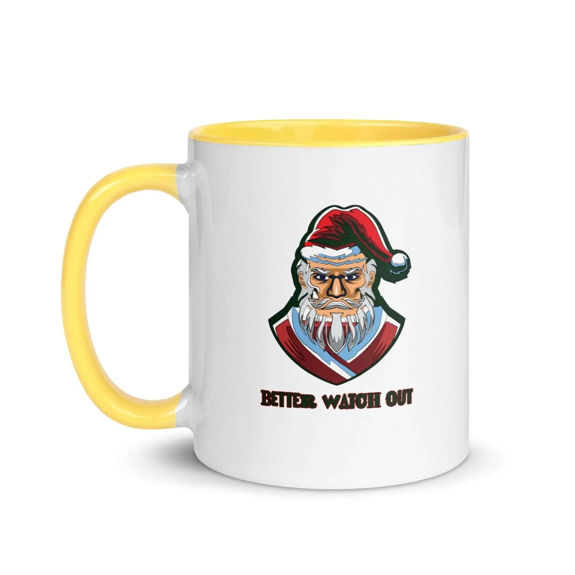 a white and yellow coffee mug with a santa clause on it