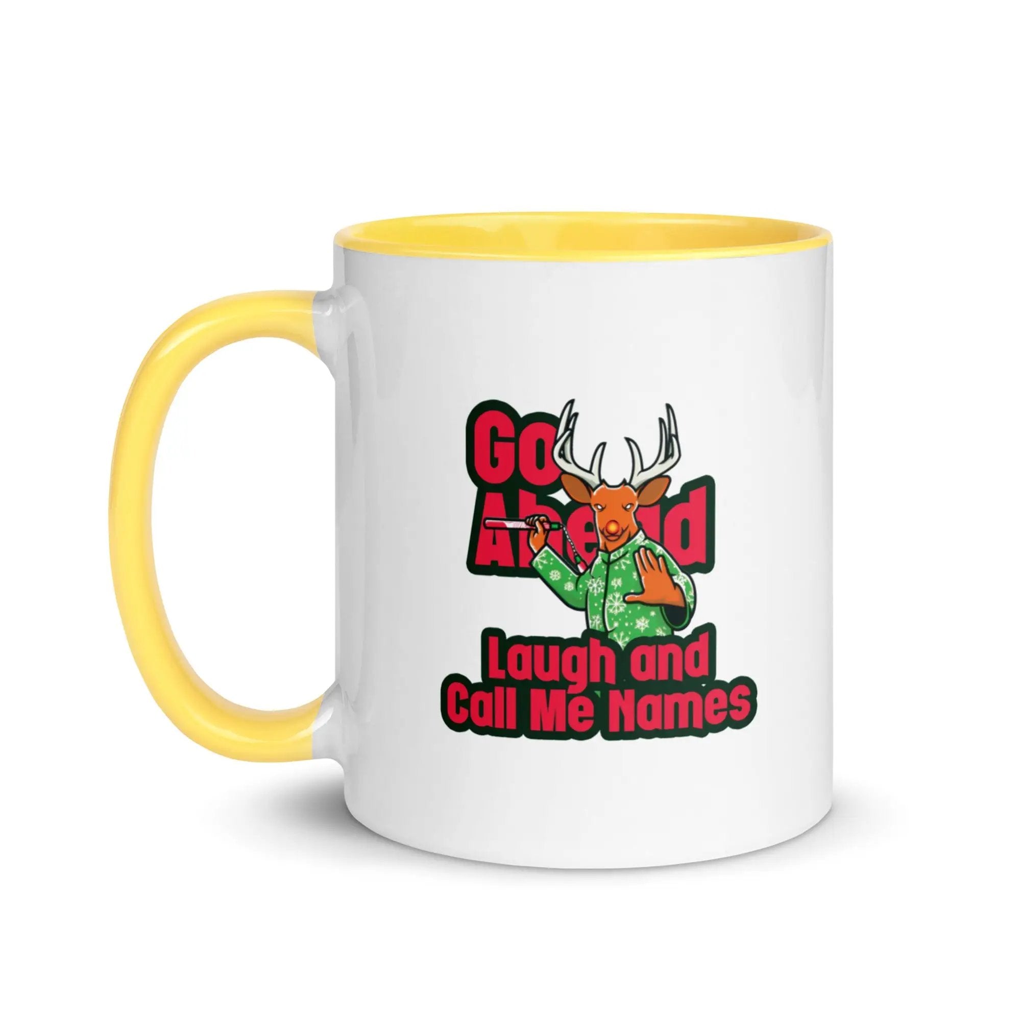 a white and yellow coffee mug with a picture of a deer