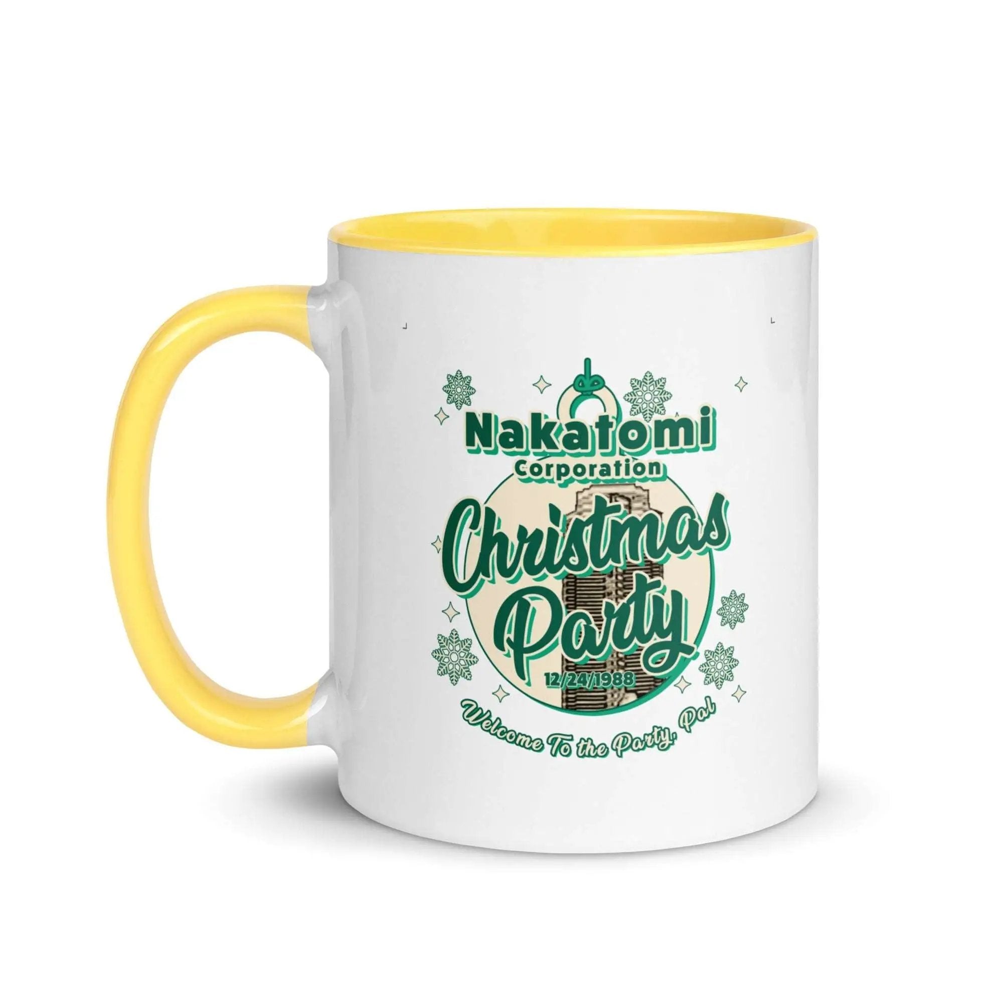 a white and yellow coffee mug with a christmas party on it
