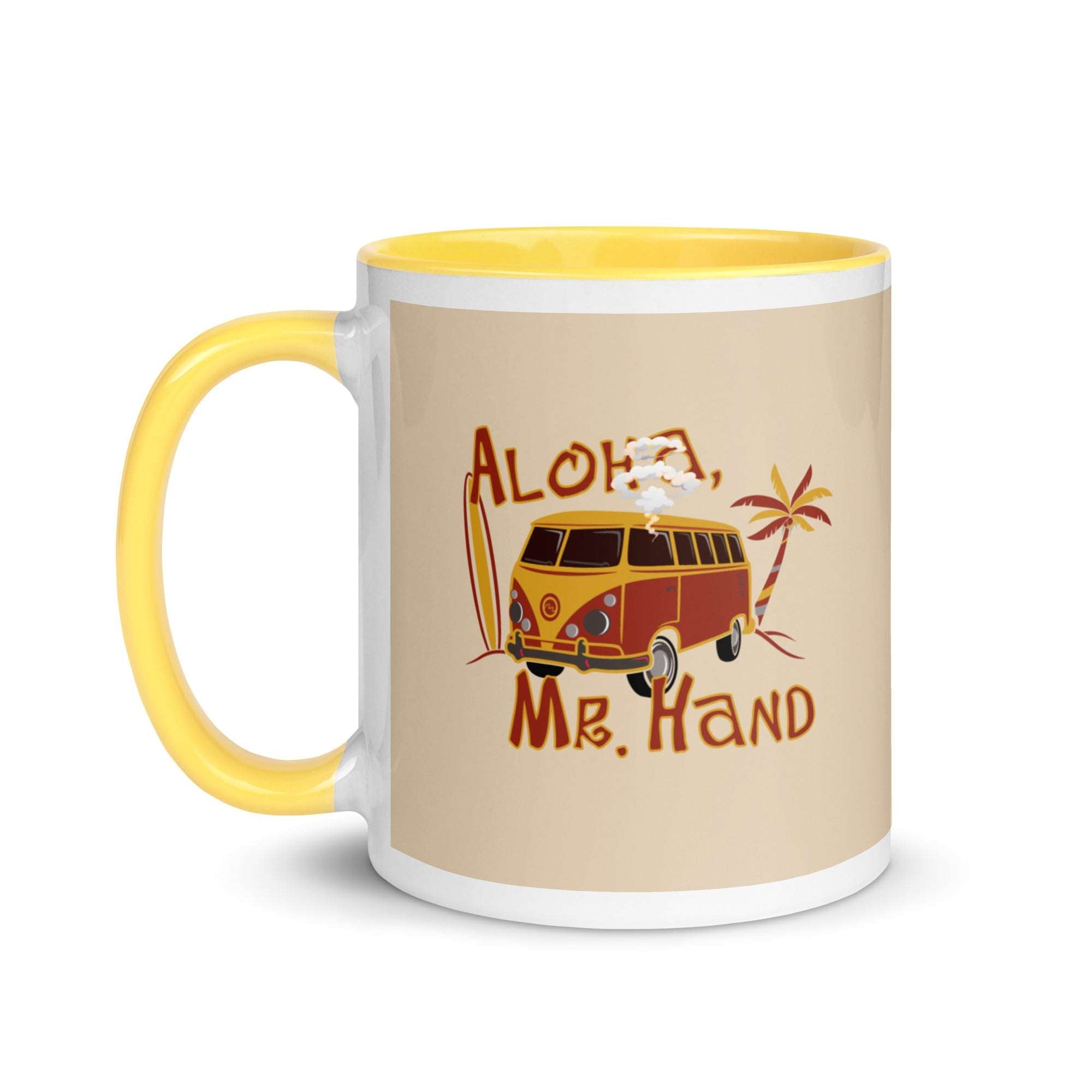 a yellow and white coffee mug with the words aloha, mr hand on
