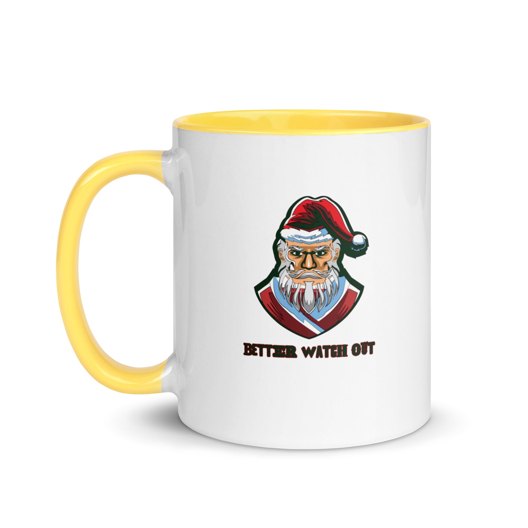 a white and yellow coffee mug with a santa clause on it