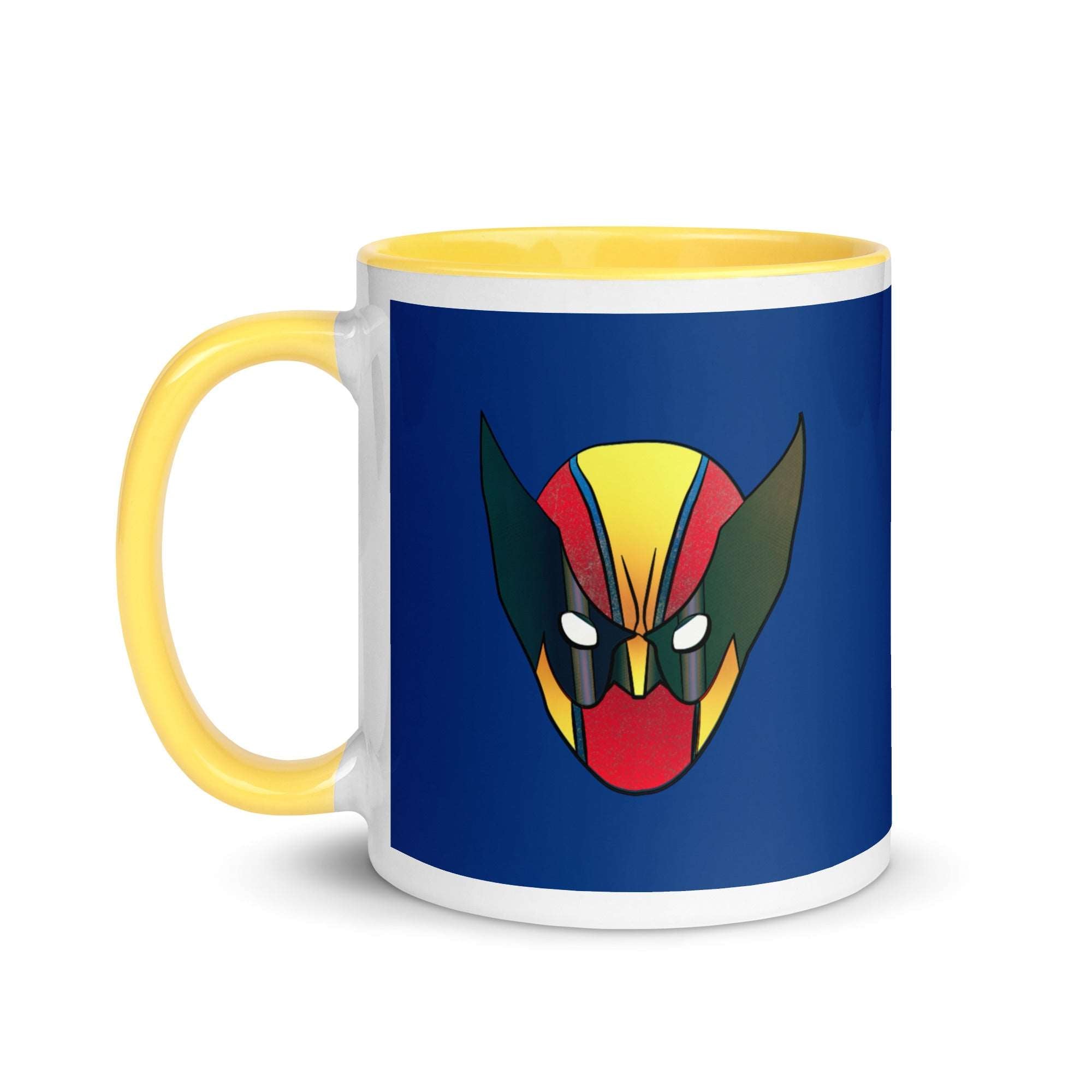a yellow and blue mug with a red and yellow demon face